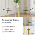 A Modern Minimalist Style Round Transparent Tempered Glass Table With Gold Metal Legs, Paired With 6 Modern Pu Leather High Back Dining Chairs ,Bring A Luxurious Experience. Black Seats 6 Glass Metal