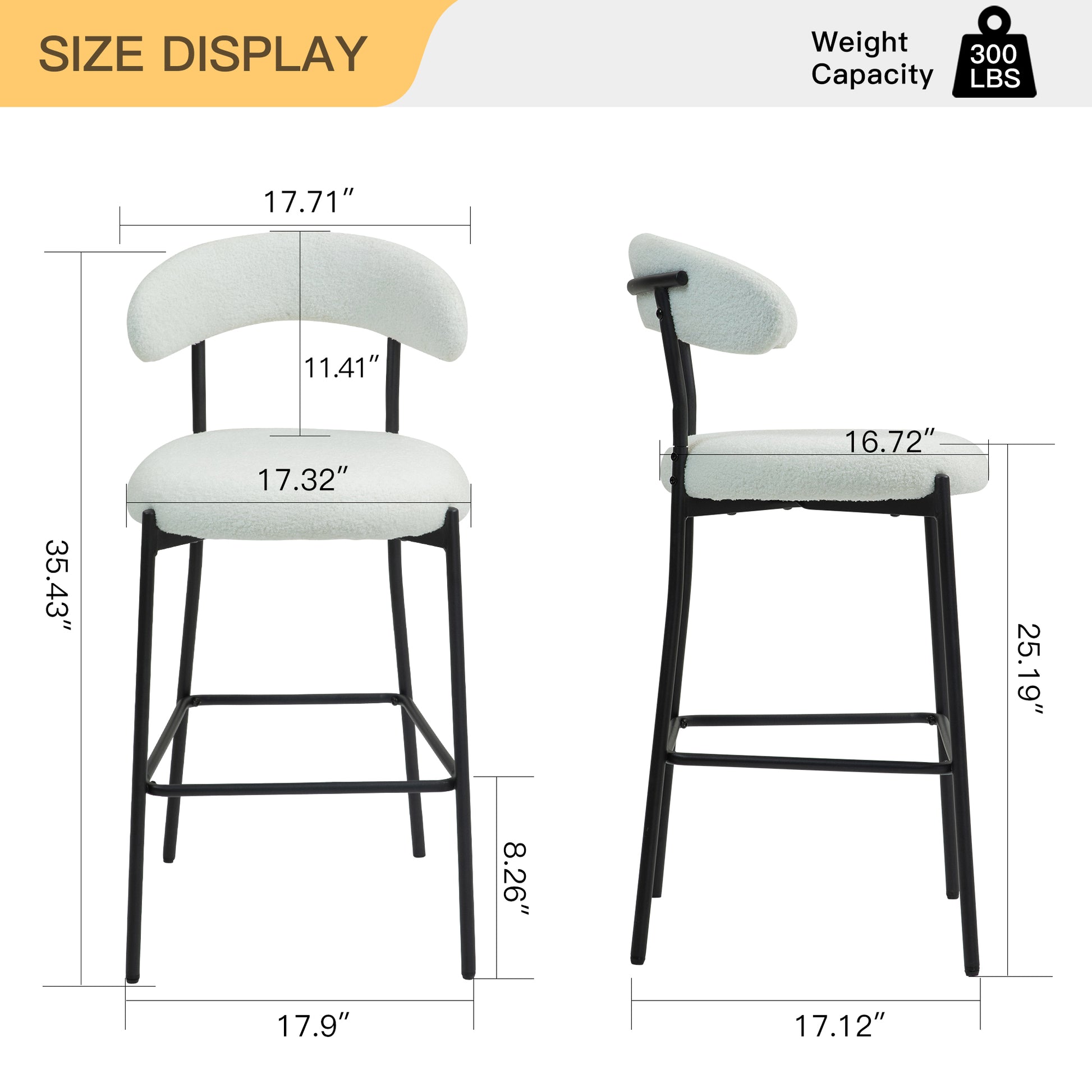 26'' Counter Height Bar Stools Teddy Fabric Cover Kitchen Island Counter Bar Stool With Black Powder Coating Base And Footrest Snow Cushion Metal White Kitchen Foam Modern Bar Stools Open Back 1 Foam Teddy