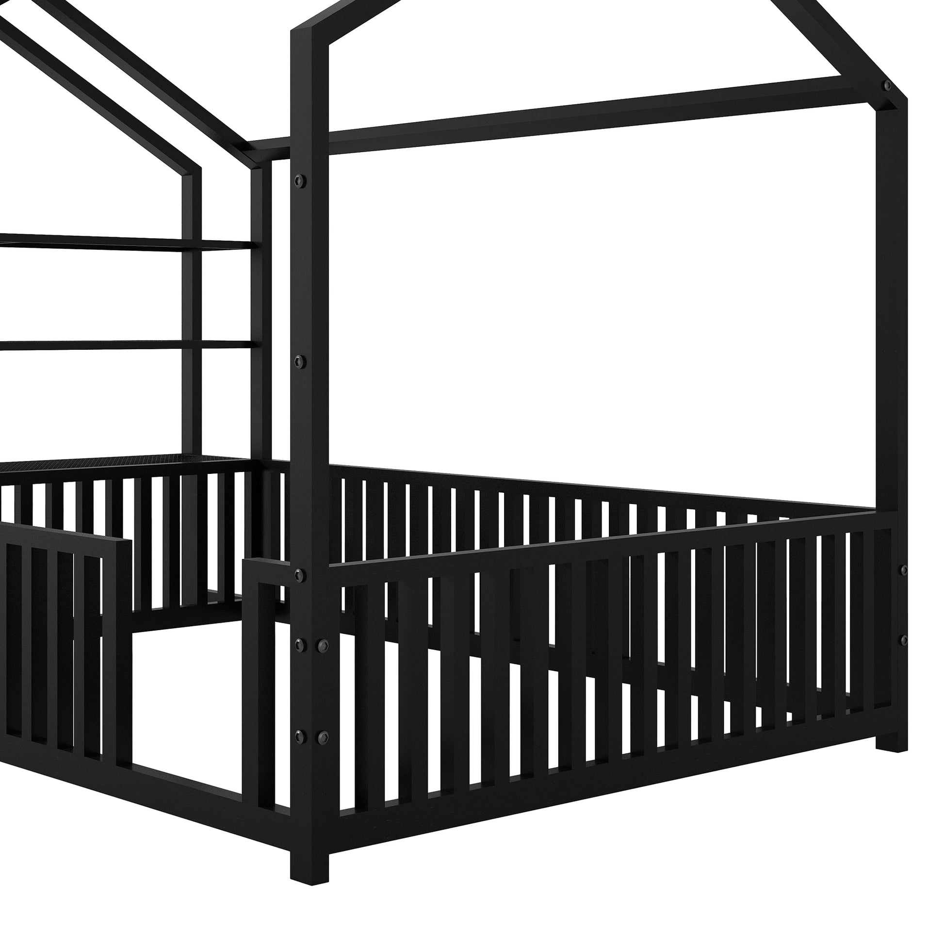 Full Size Metal House Bed With Fence And Detachable Storage Shelves, Black Full Black Metal