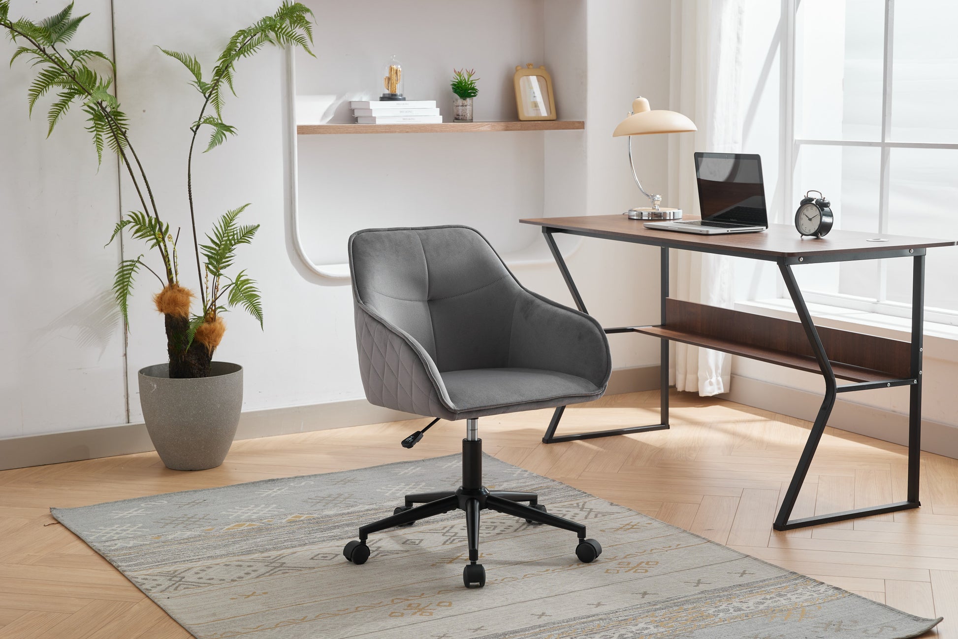 Velvet Office Desk Chair, Modern Home Desk Chair With Wheelsvanity Chairs For Living Room, Bedroom,Study Room Grey Black Foam Polyester Blend