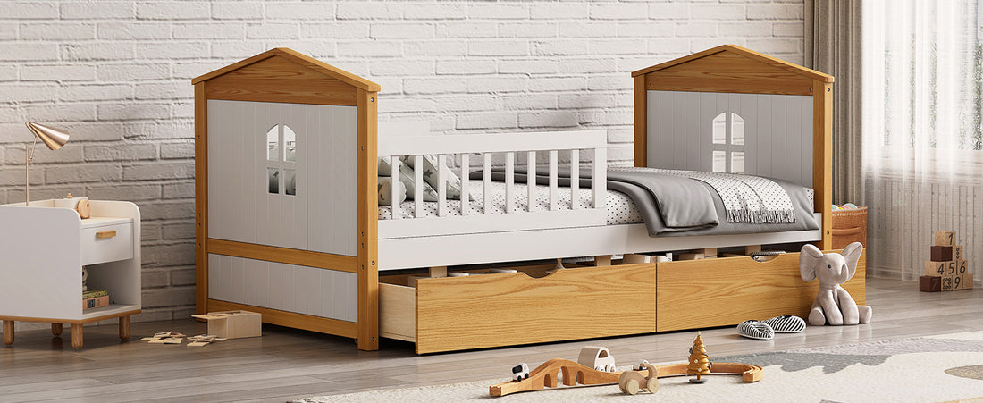 Twin Size House Shape Bed With Two Drawers Wooden Bed For Girls Boys Teens, No Box Spring Needed, Walnut And White Box Spring Not Required Twin White Walnut Wood Bedroom Cute Pine Bed Frame Wood