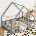 Full Wood House Shaped Floor Bed With Fence, Guardrails,Grey Full Grey American Design Pine