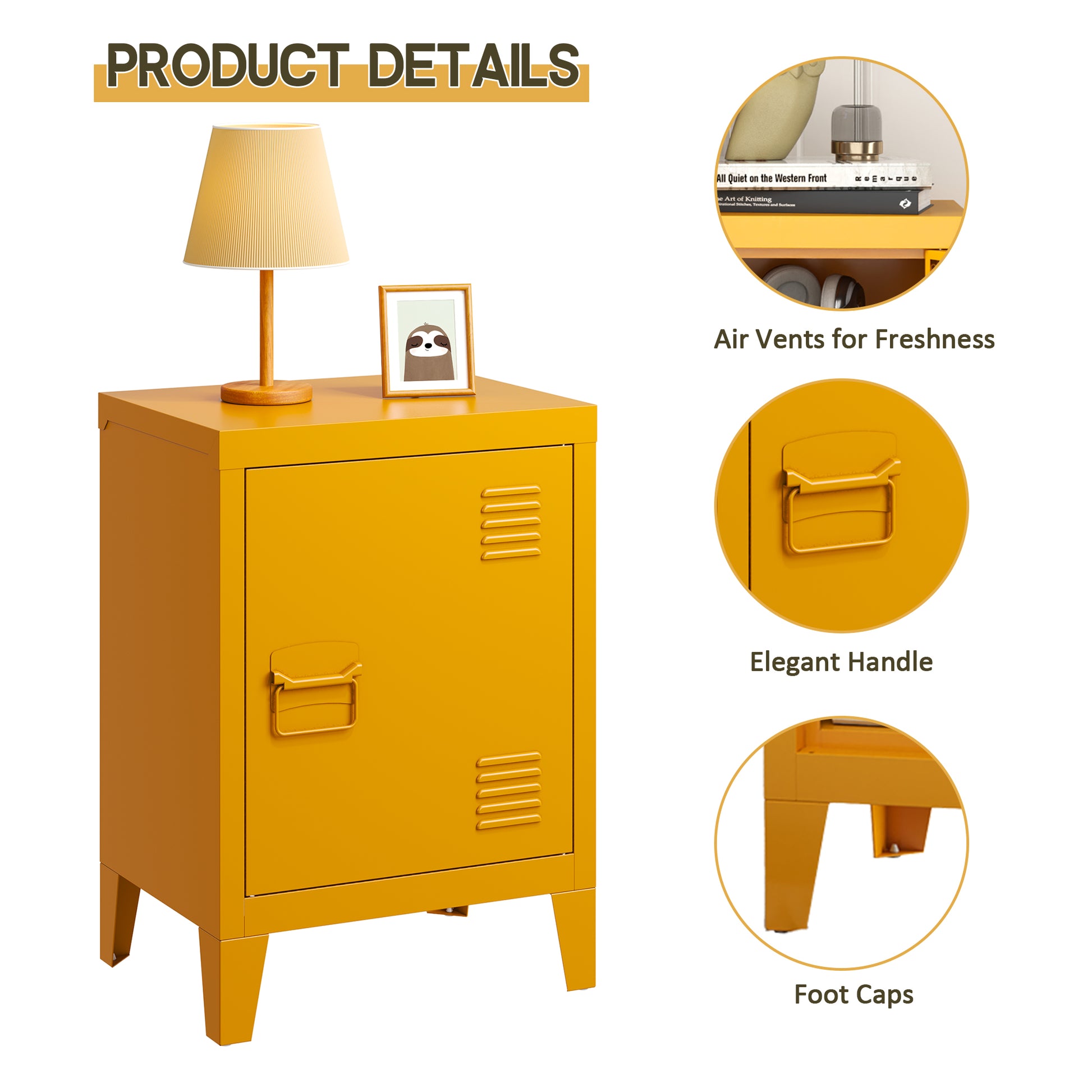 Modern Nightstand Durable Metal Bedside Storage Cabinet With Shelf, Easy Assembly End Side Table For Living Room And Bedroom Yellow Bedroom Rectangle Modern Storage Metal Metal