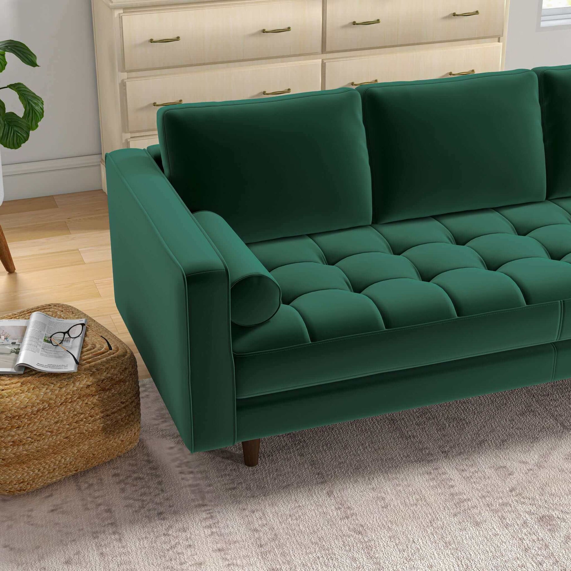 Catherine Sofa Dark Green,Wood Brown Linen Wood Primary Living Space Pillow Back Linen,Solid Wood 3 Seat