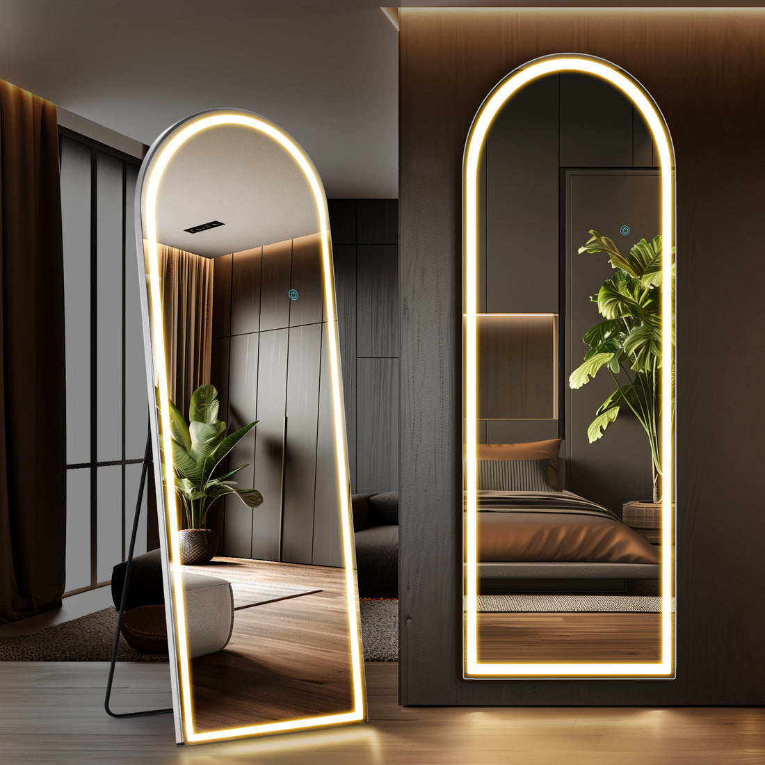 3 Color Lighting Mirror With Led Lights, 63"X20" Lighted Floor Standing Mirror With Stand Black Fiberglass