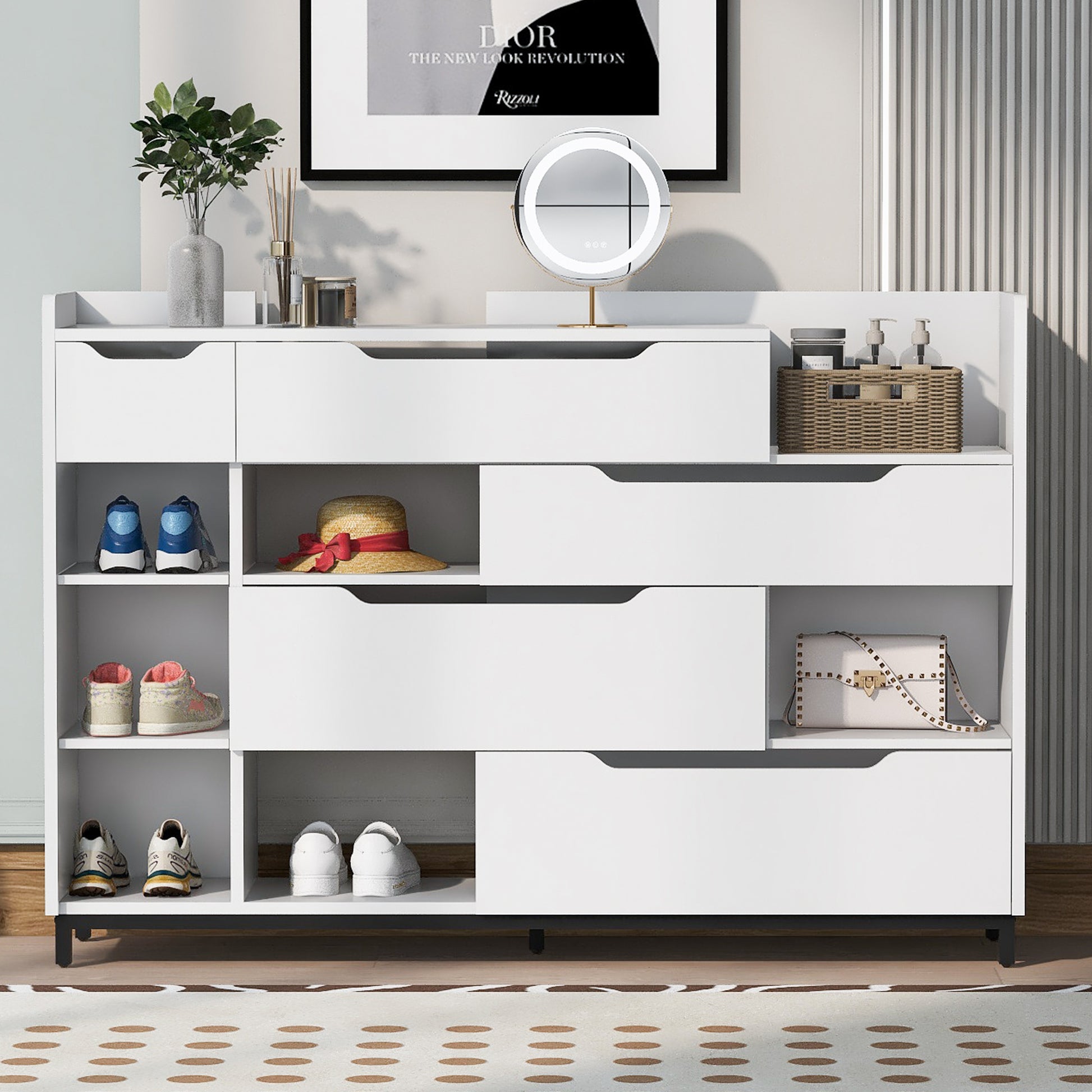 Shoe Storage Cabinet For Entryway With Drawers And Shelves, Modern Shoe Organizer Cabinet, Free Standing Shoe Rack For Hallway, Living Room White Mdf