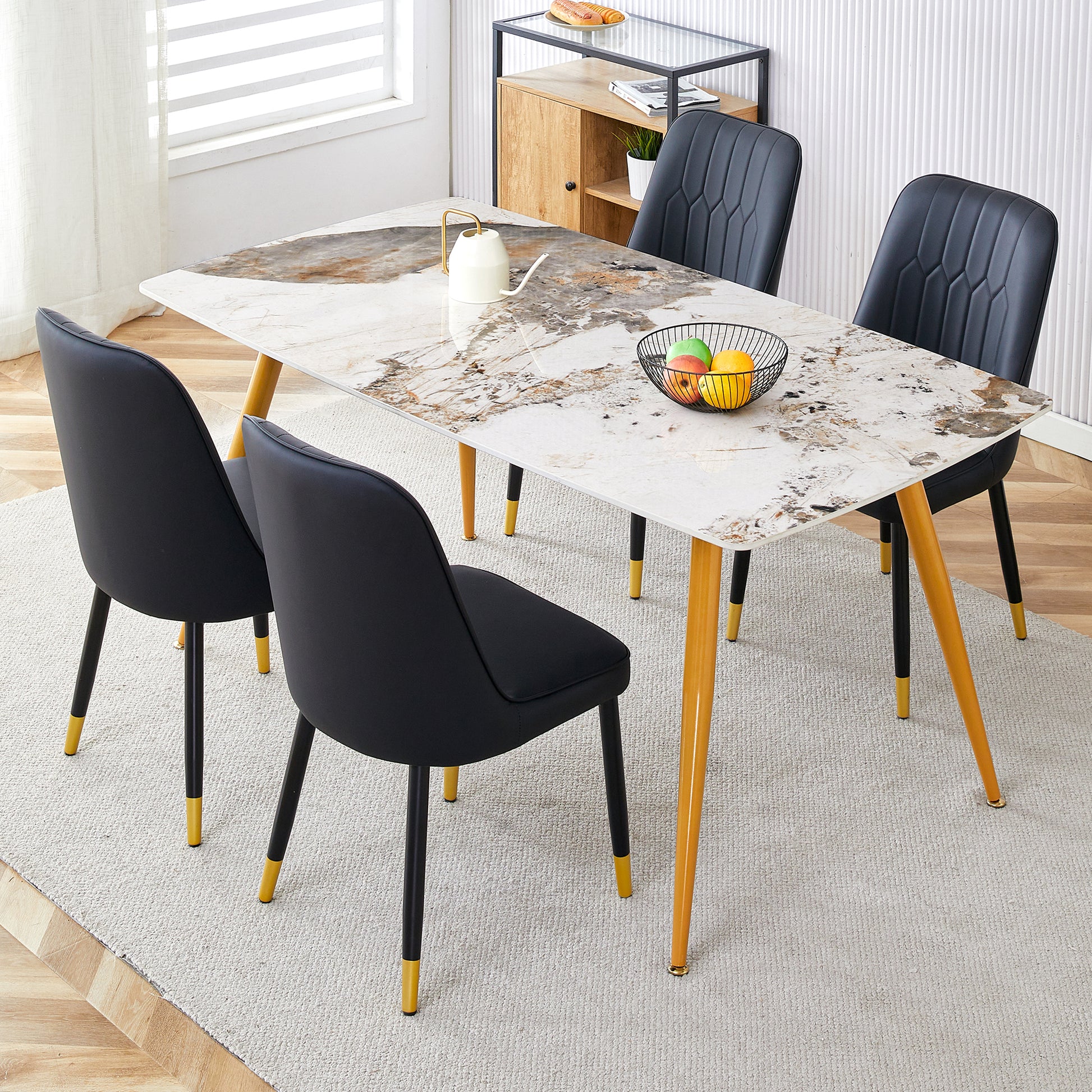 Table And Chair Set.Modern Minimalist Dining Table. White Imitation Marble Pattern Sintered Stone Desktop With Golden Metal Legs.Paried With 4 Comfortable Chairs With Pu Seats And Black Metal Legs.