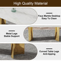 Table And Chair Set.The Table Has A Glass Top With Imitation Marble Pattern Stickers And Stainless Steel Golden Legs. Paried With Chairs With Pu Artificial Leather Backrest Cushions And Black Legs. White Gold Seats 6 Glass Metal
