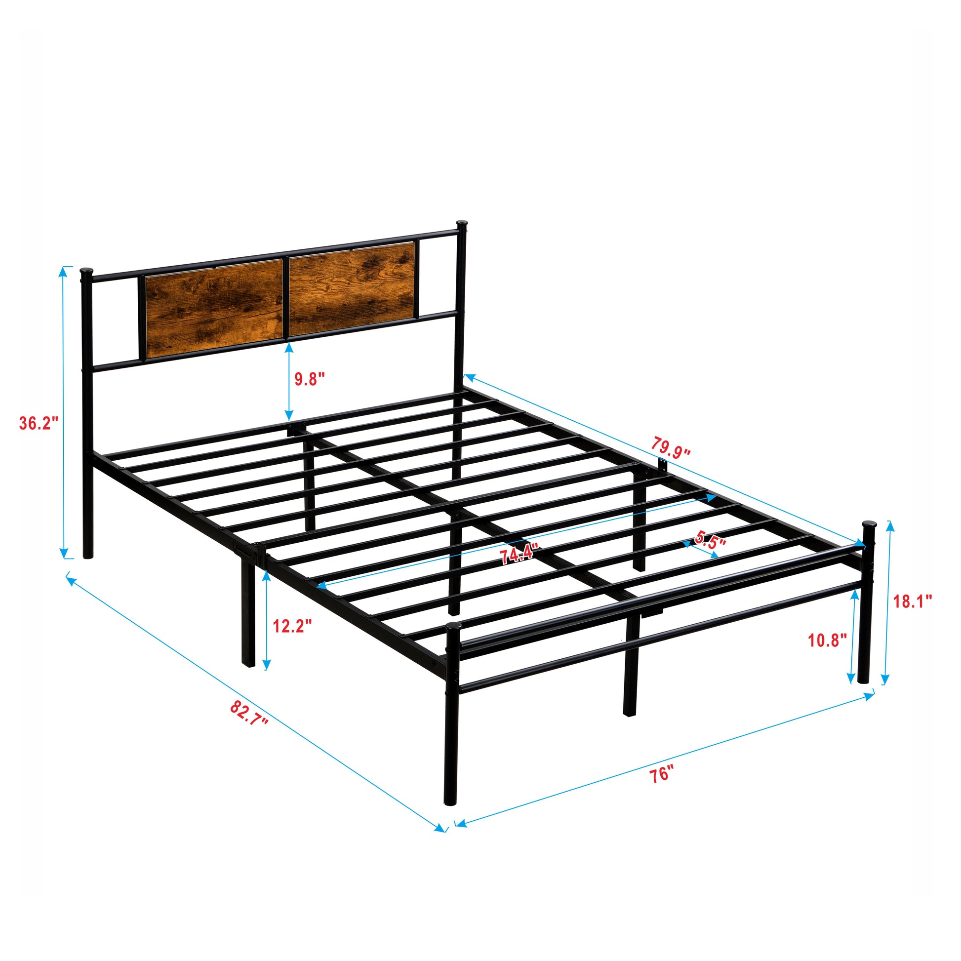 King Size Metal Bedframe,Headboard With Wood Panel Decoration,Black Black Brown Metal