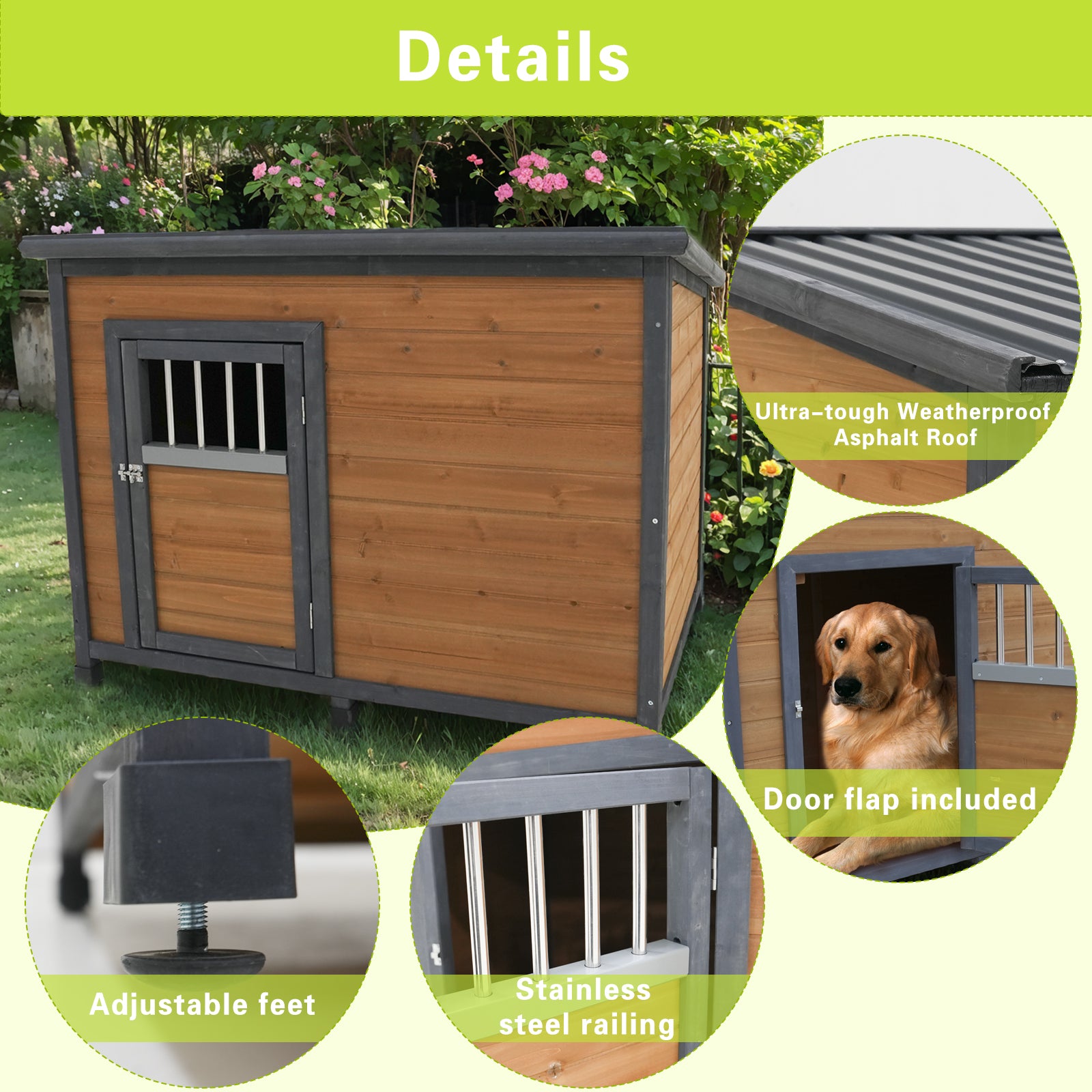 45"Large Solid Wood Dog House, Waterproof Pvc Plastic Roof, Wooden Doors Gray Yellow Solid Wood