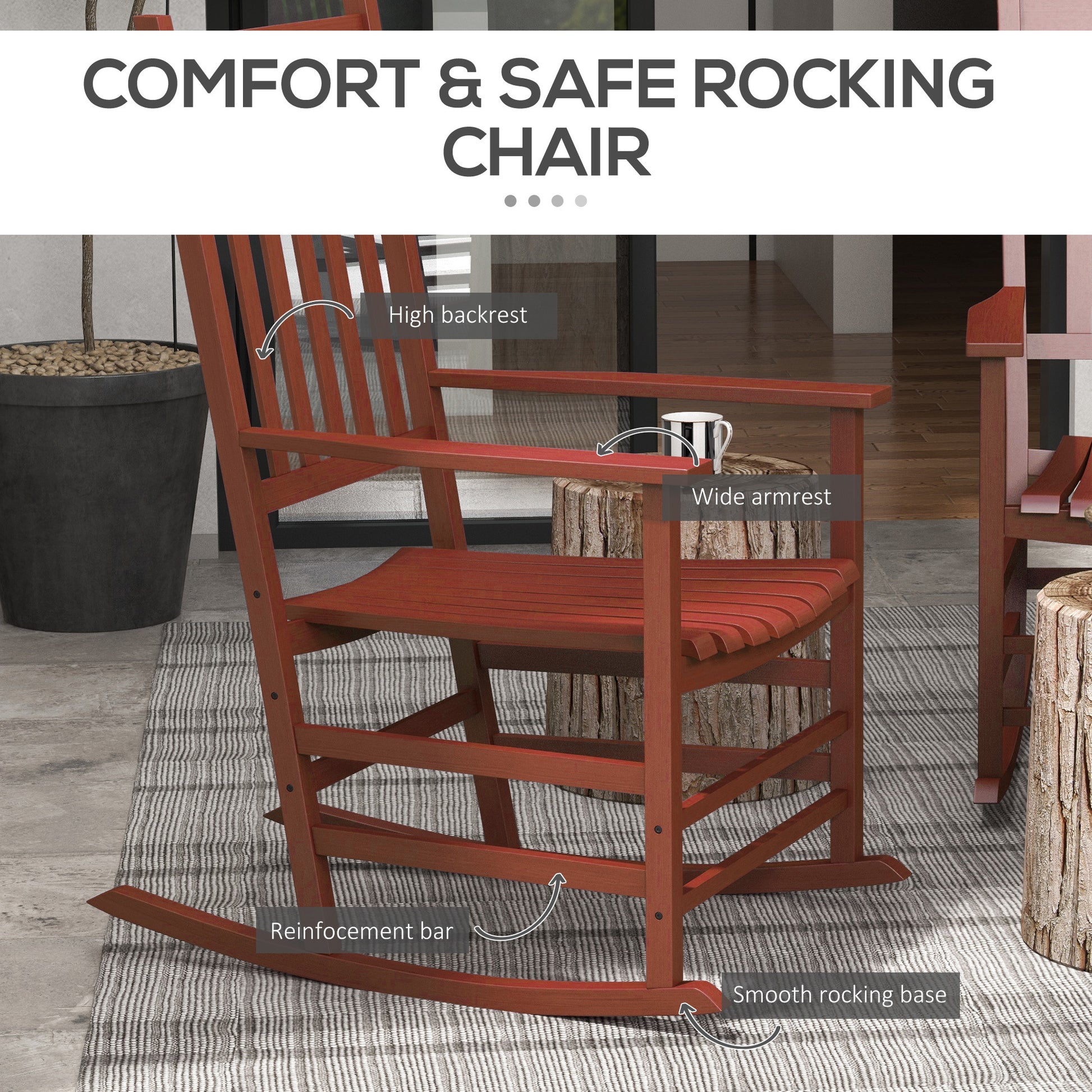 Outsunny Outdoor Rocking Chair Set Of 2, Patio Wooden Rocking Chair With Smooth Armrests, High Back For Garden, Balcony, Porch, Supports Up To 352 Lbs., Wine Red Red Fabric Metal