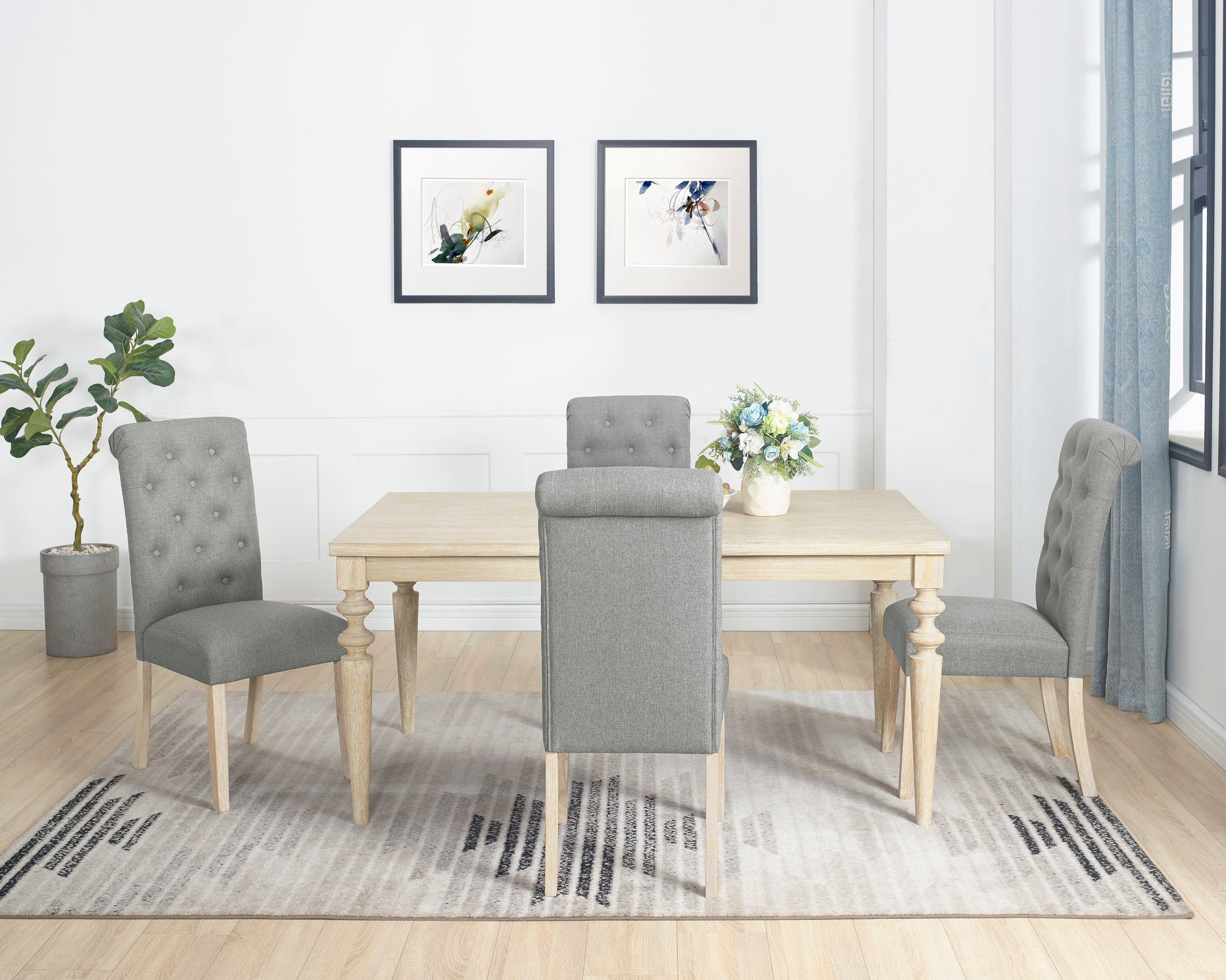 Amonia 5 Piece Dining Set, Turned Leg Dining Table With 4 Tufted Chairs Light Brown Wood Dining Room Fixed Table Rubberwood Rectangular Dining Table With Chair Wood Wood Beige Brown Seats 4 Rectangular 4 Leg Mdf