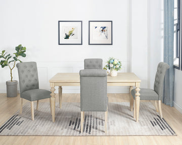 Amonia 5 Piece Dining Set, Turned Leg Dining Table With 4 Tufted Chairs Light Brown Wood Dining Room Fixed Table Rubberwood Rectangular Dining Table With Chair Wood Wood Beige Brown Seats 4 Rectangular 4 Leg Mdf
