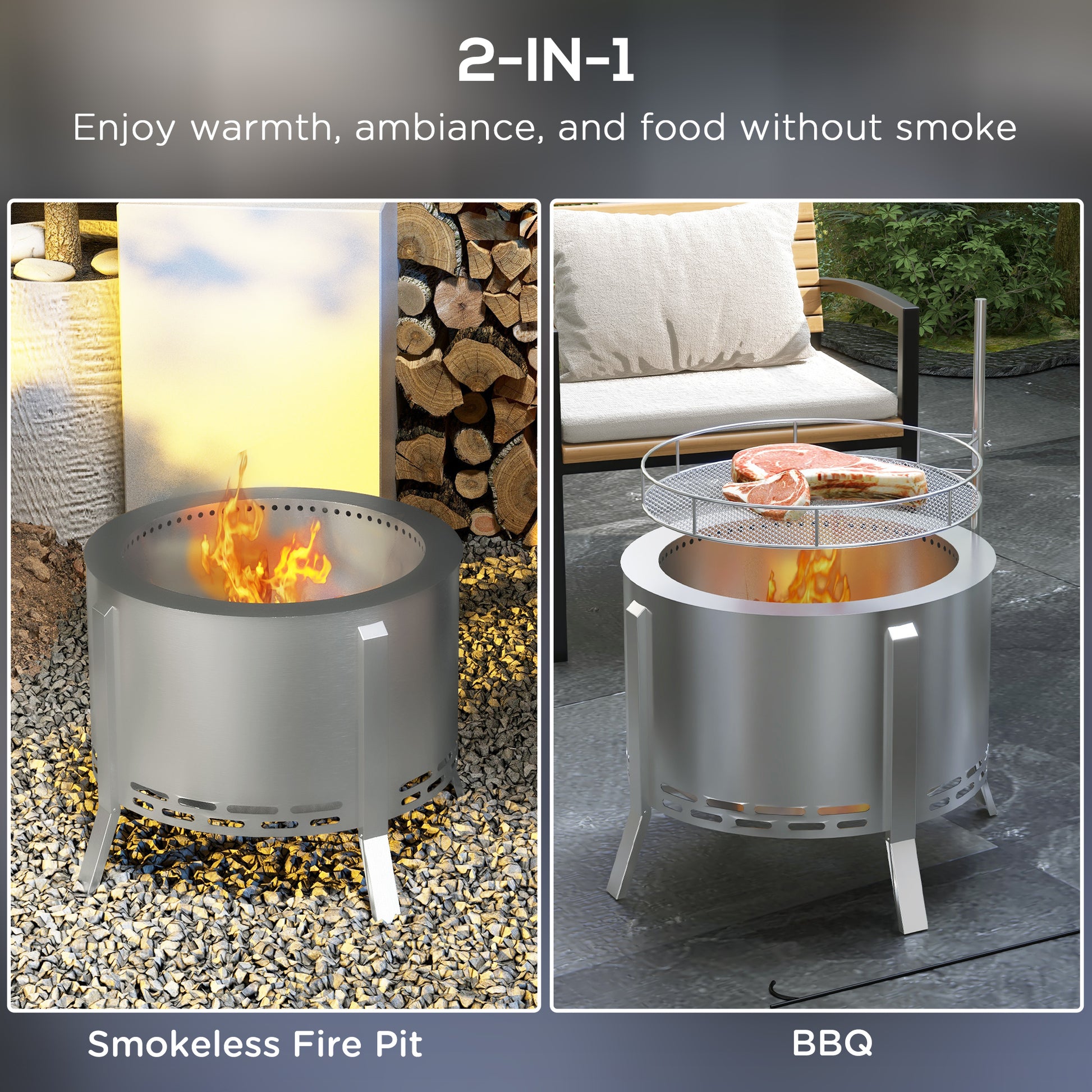 Outsunny 2 In 1 Smokeless Fire Pit, Bbq Grill, 19" Portable Wood Burning Firepit With Cooking Grate And Poker, Low Smoke Camping Bonfire Stove For Backyard Patio Picnic, Stainless Steel, Silver Silver Stainless Steel