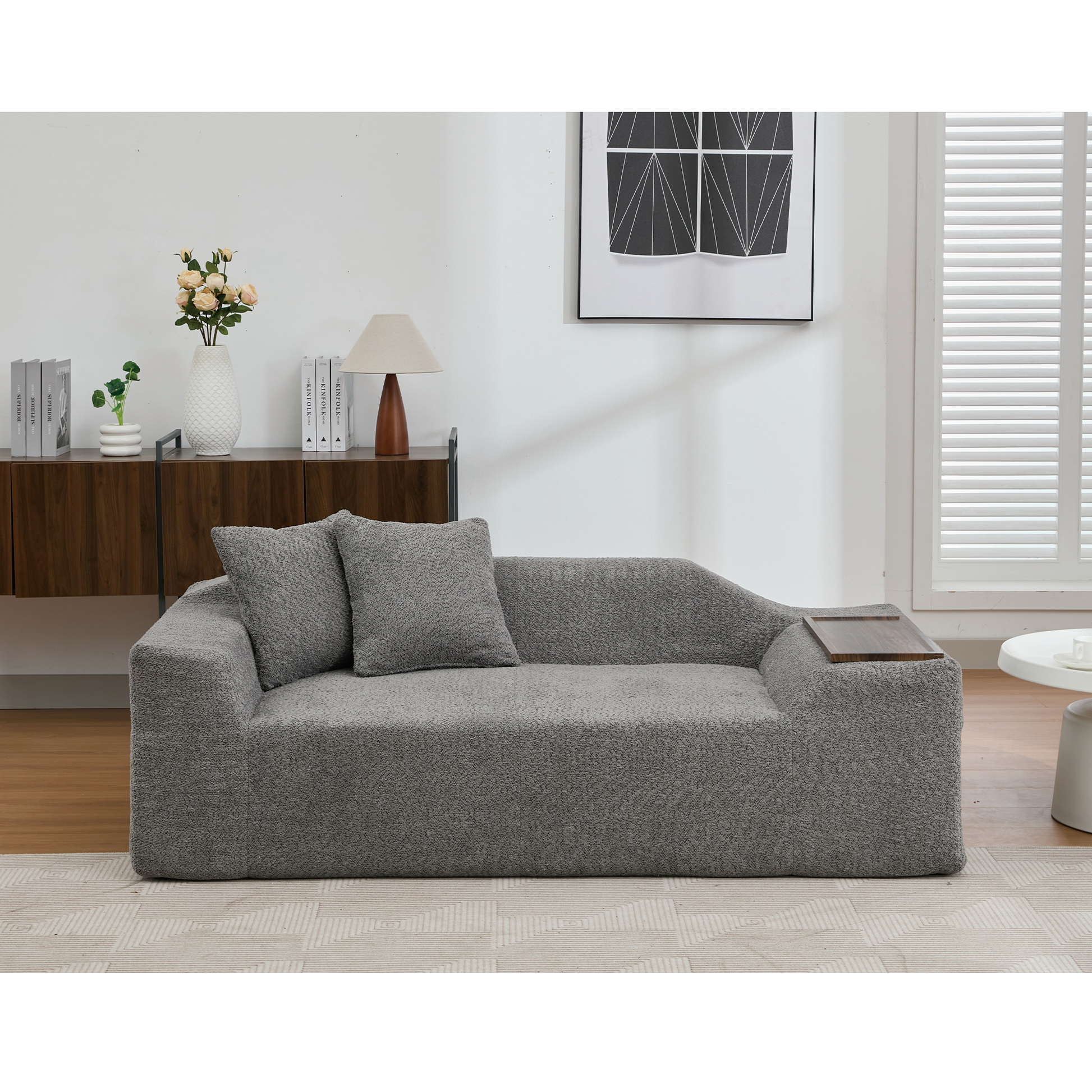 Arrived 2 Piece Boucle Cloud Sofa Set, Upholstered Sofa Set, Modern 3 Seater And 2 Seater Sofa With Mdf End Table For Living Room ,Apartment,3 2 Couch,Boucle,Dark Gray Gray Polyester Primary Living Space Soft Tight Back Modern Square Arms Foam