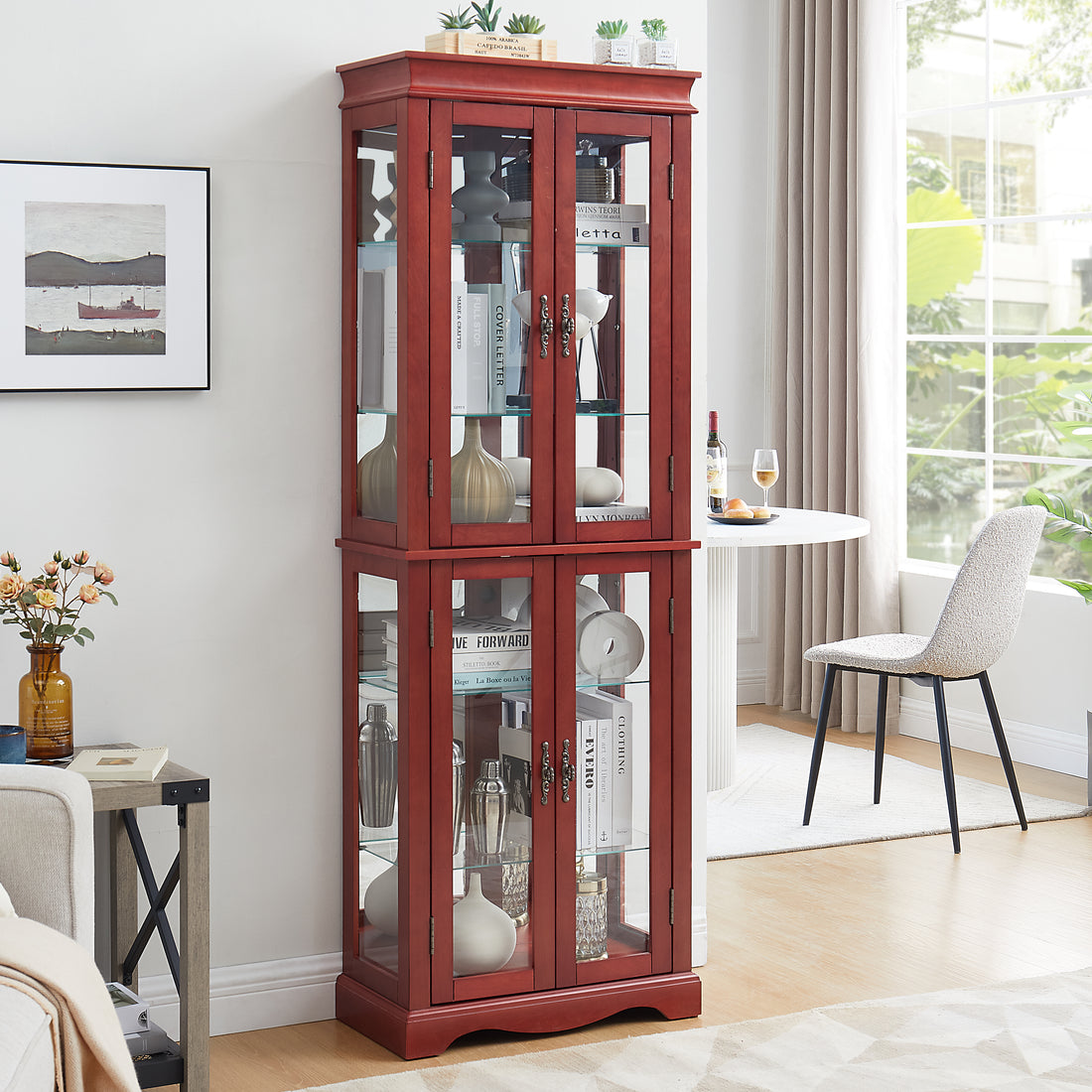 Lighted Glass Curio Display Cabinet,Display Cabinet,Glass Storage Cabinet Glass Wine Cabinet Wood Frame Toy Display For Living Room, Kitchen, Pantry Light Bulb Included Cherry Cherry Mdf Glass