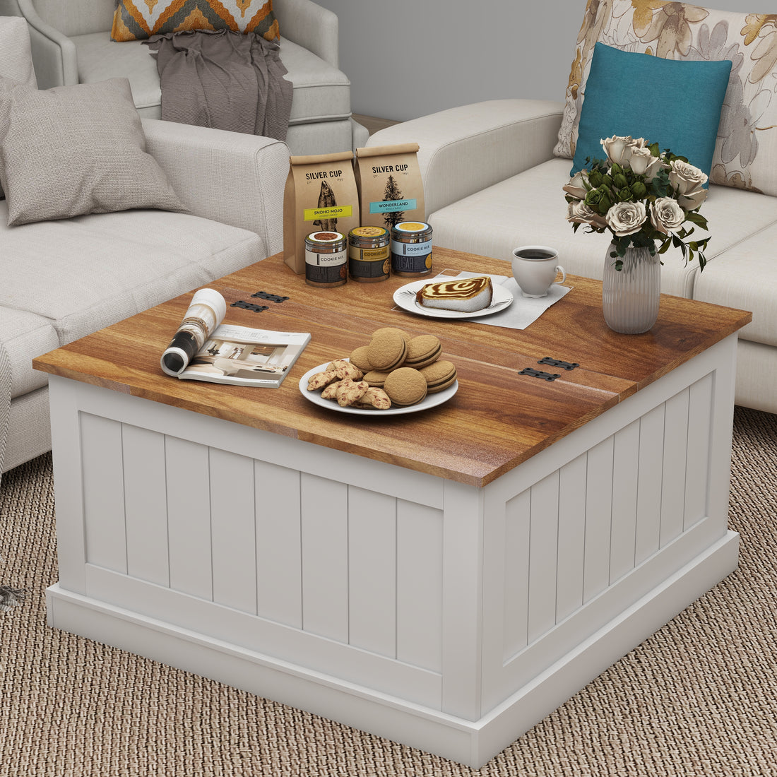 31.5" Farmhouse Coffee Table, Square Wood Center Table With Hinged Lift Top, Rustic Cocktail Table With Large Hidden Storage Compartmen For Living Room White White Mdf