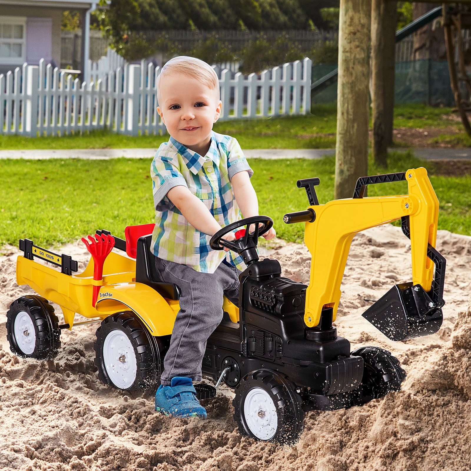 Aosom Digger Ride On Truck Kids Car With Horn, Excavator Ride On Toy, Imaginative Toy Construction Car, 6 Wheels & Detachable Trailer, Yellow Yellow Iron Plastic