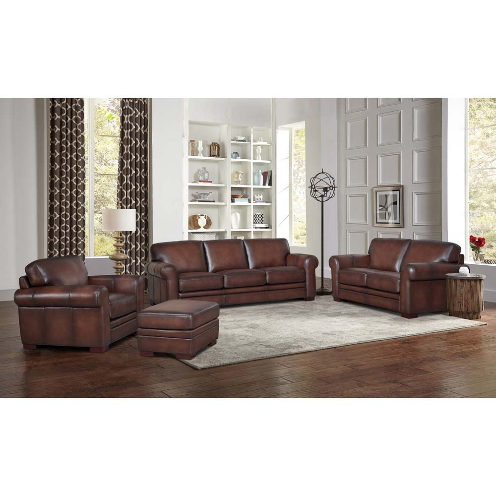 Brookfield Top Grain Leather Sofa Couch Caramel Genuine Leather Wood Primary Living Space Medium Firm Cushion Back Mid Century Modern Eucalyptus Rolled Arms Down Filling Leather 3 Seat
