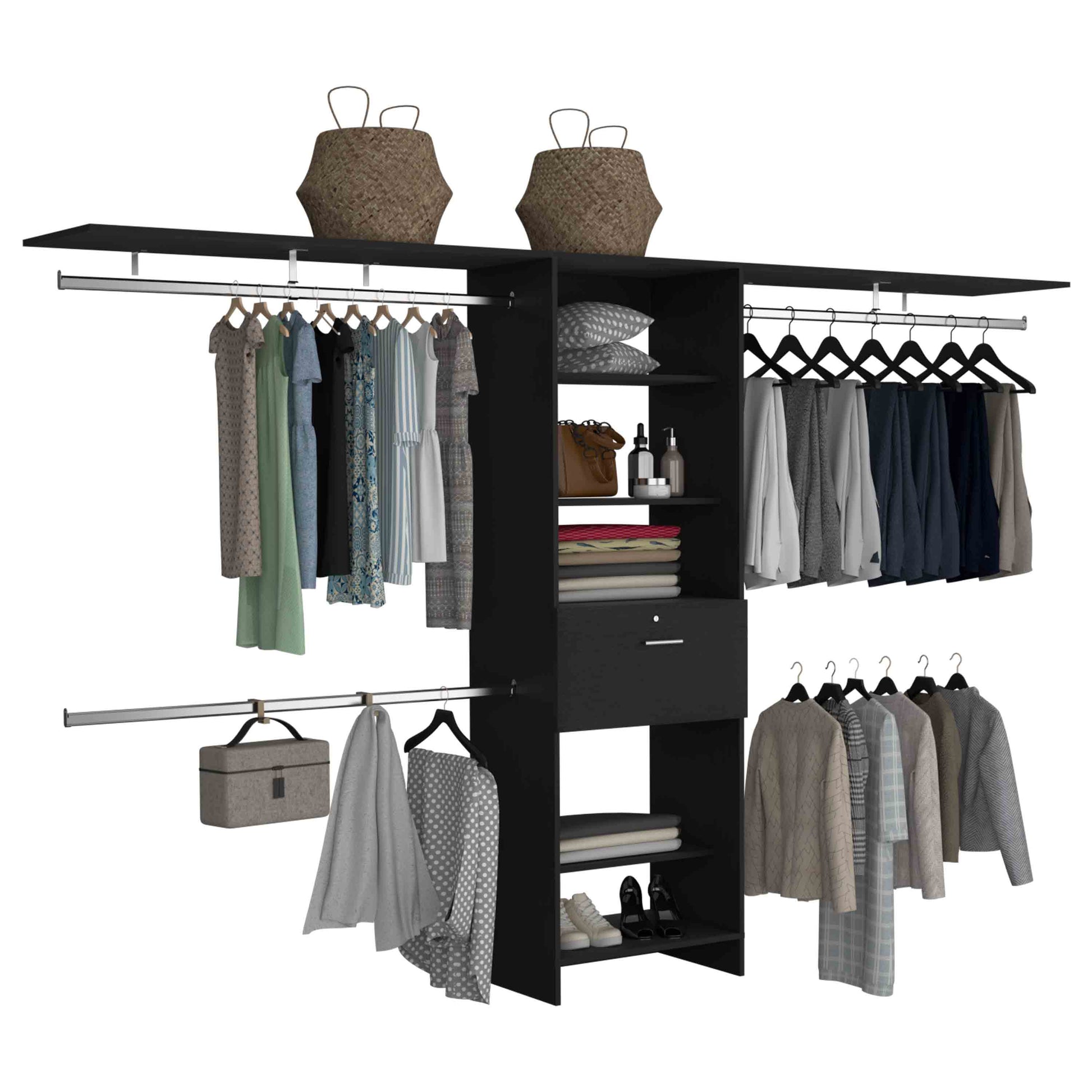 Closet System 70"W 118"W, Three Hanging Rods, Five Shelves, One Drawer, Black Black Solid Wood Mdf Engineered Wood