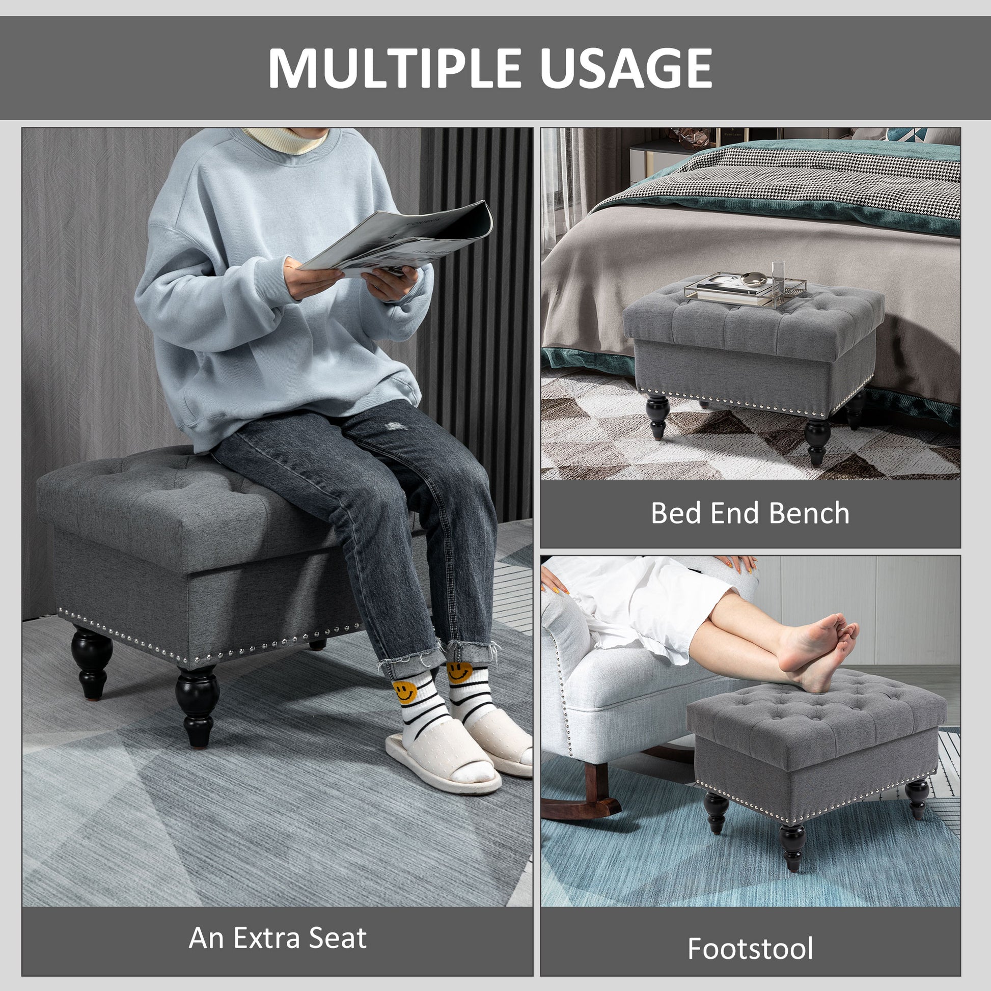 Homcom Ottoman With Storage For Living Room, 25" Storage Ottoman With Removable Lid, Button Tufted Fabric Bench For Footrest And Seat With Wood Legs, Gray Gray Linen