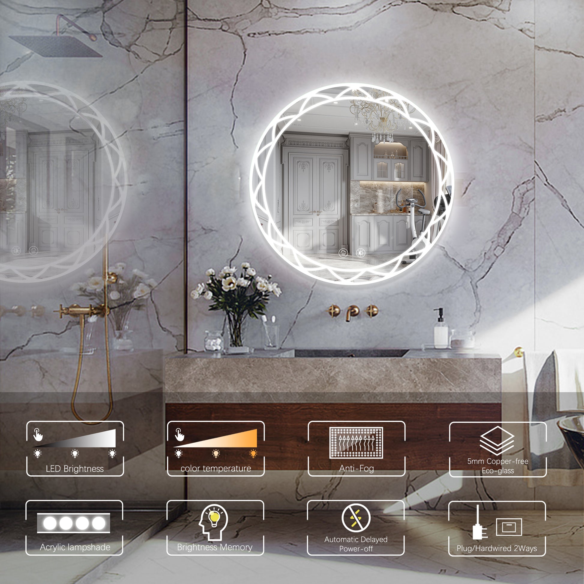 36" Round Led Bathroom Mirror Adjustable Color Temperatures And Anti Fog, Wall Mounted Design White Black Aluminium,Tempered Glass