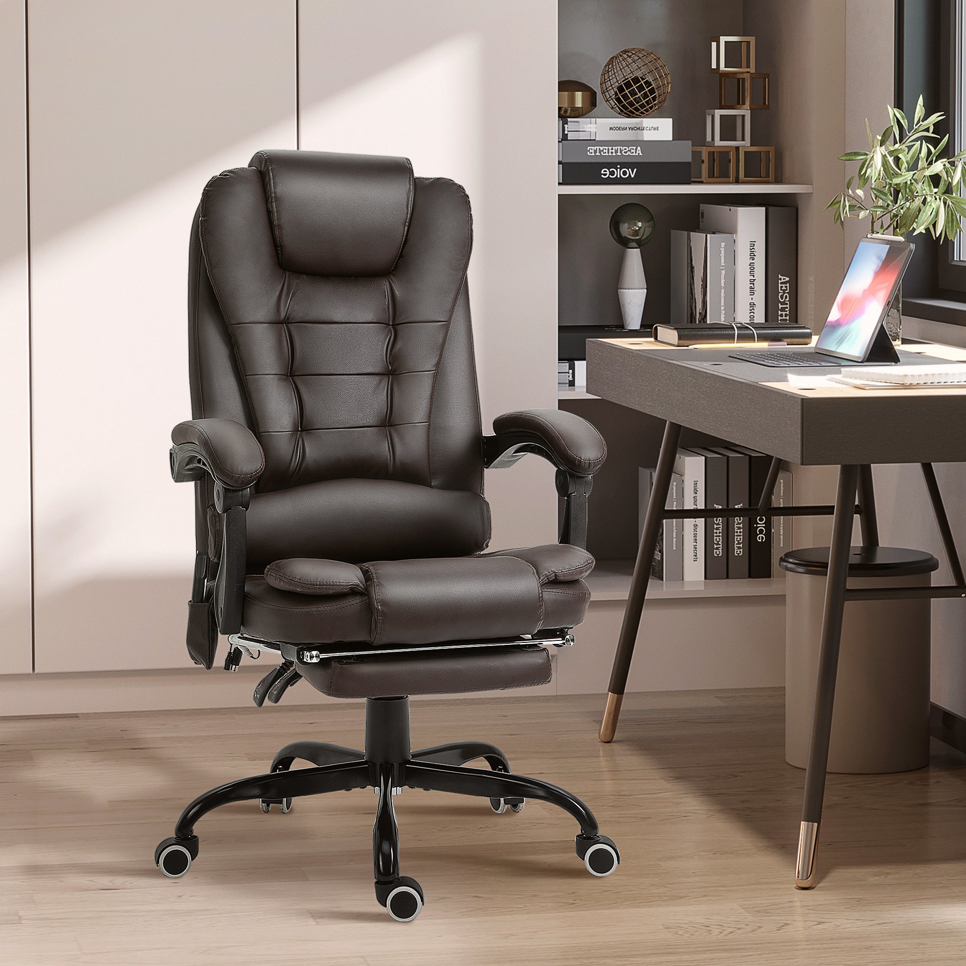 Vinsetto 7 Point Vibrating Massage Office Chair, High Back Executive Recliner With Lumbar Support, Footrest, Reclining Back, Adjustable Height, Brown Brown Faux Leather