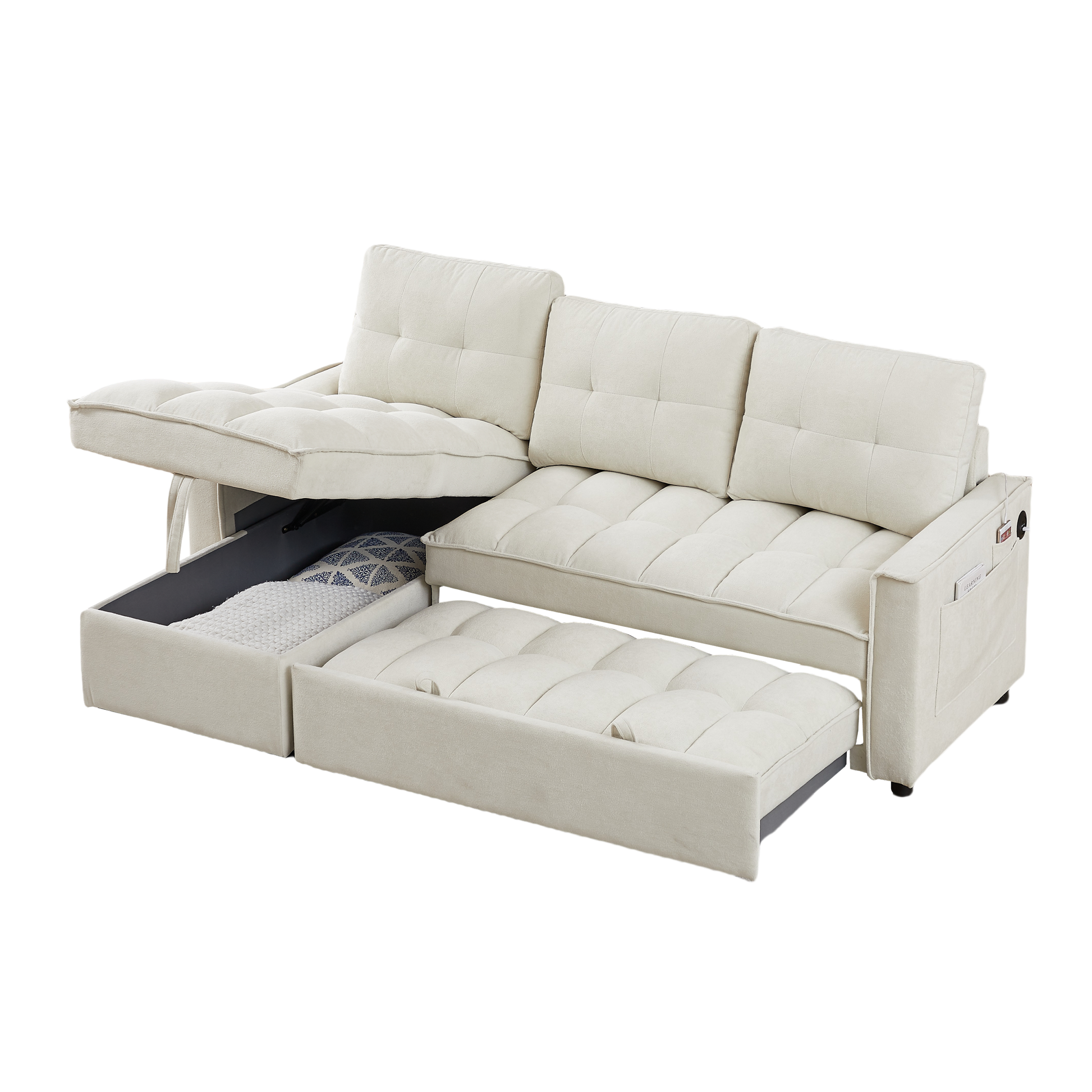 Mh 78.75" Reclining Sofa, Pull Out Sofa Bed With Usb And Tape C Charging Ports, L Shaped Sectional Sofa With Reclining Storage And Arm Side Organizer Pocket Features, Living Room Comfort Sofa Beige Chenille Wood Primary Living Space Eucalyptus Foam