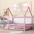 Full Size Floor Wooden Bed With House Roof Frame, Fence Guardrails ,Pink Full Pink Pine