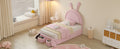 Twin Size Upholstered Rabbit Shape Bed With 2 Storage Stools, Velvet Platform Bed With Cartoon Ears Shaped Headboard, Pink Twin Pink Wood