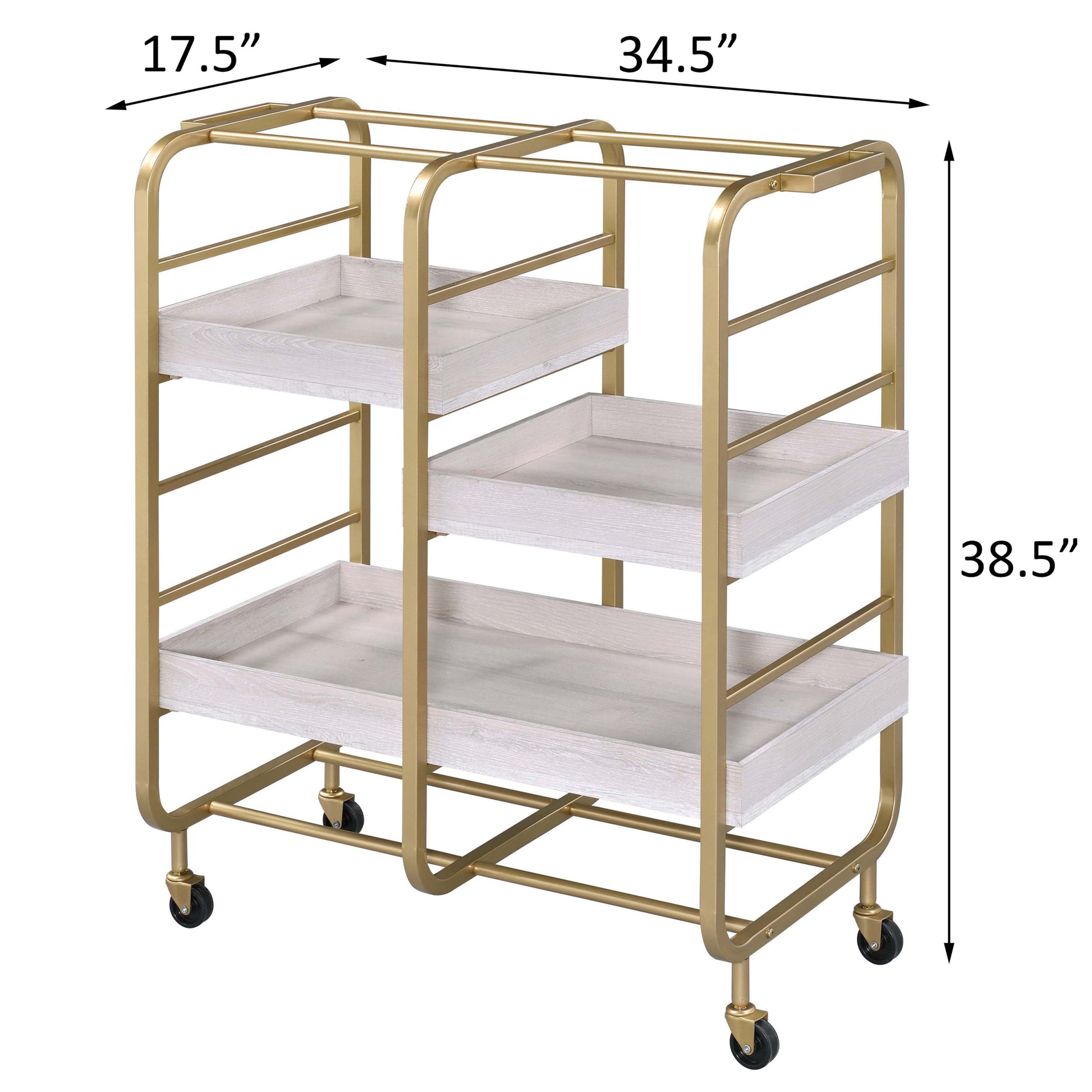 Gold And White Washed Serving Cart With 3 Adjustable Trays Gold White Dining Room Contemporary Rectangular Kitchen Carts Wood Metal