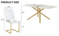 Table And Chair Set.Modern Luxurious Tempered Glass Dining Table Set With Gold Metal Legs And 8 Pu Chairs.White Marble Patterned Sticker Tabletop,White Chairs With Gold Metal Legs. White Gold Seats