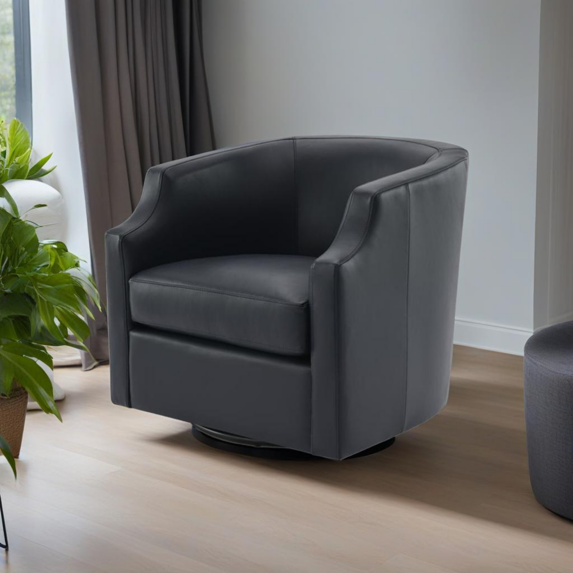 Emmett Midnight Blue Top Grain Leather Swivel Glider Barrel Chair Blue Foam Leather