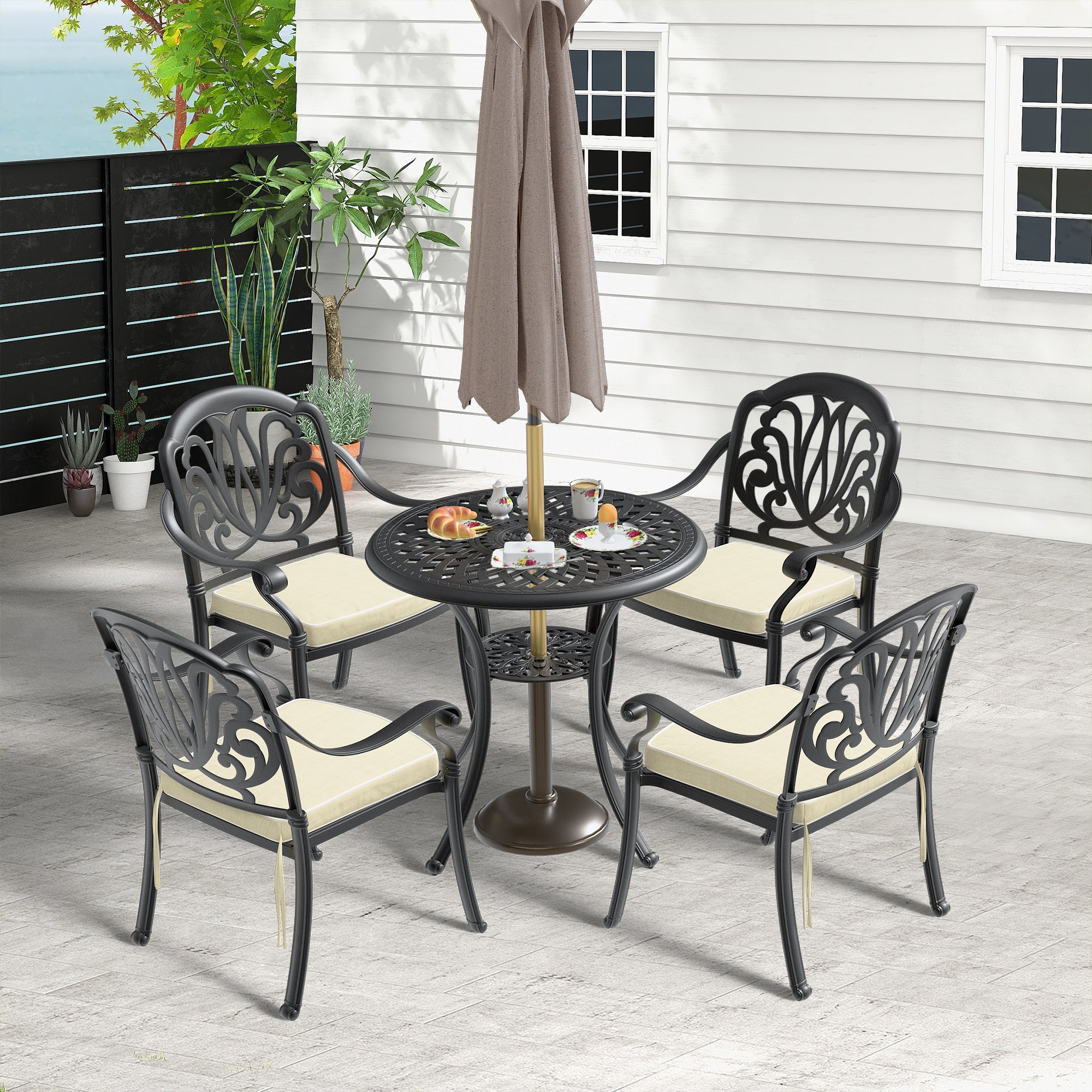 Cushions In Random Colors 5 Piece Set Of Cast Aluminum Patio Furniture With Cushions Yes Dining Set Black Seats 4 Rust Resistant Frame Water Resistant Cushion Garden & Outdoor Complete Patio Sets Aluminium