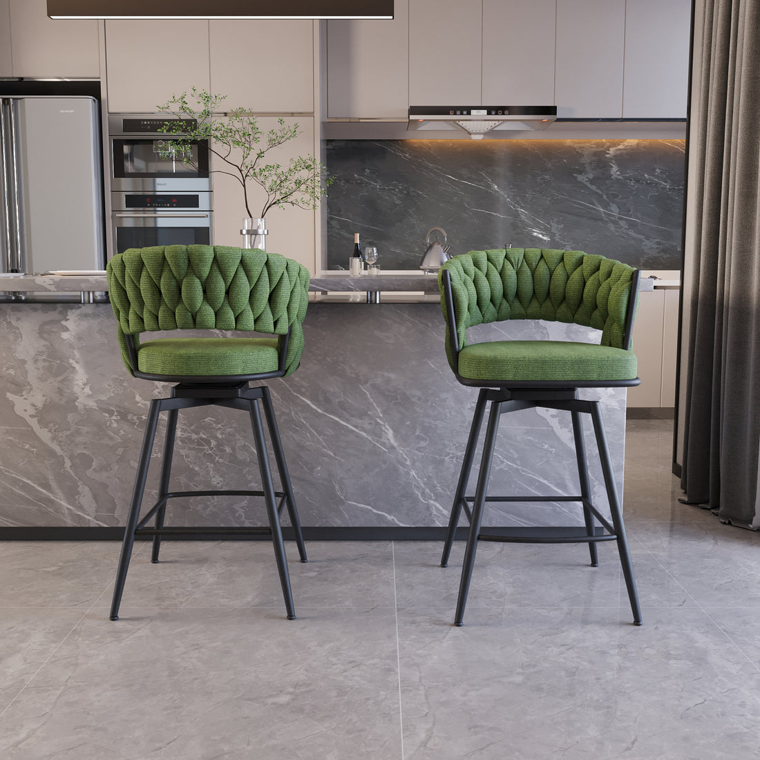 Bar Chair Linen Woven Bar Stool Set Of 2,Black Legs Barstools No Adjustable Kitchen Island Chairs,360 Swivel Bar Stools Upholstered Bar Chair Counter Stool Arm Chairs With Back Footrest, Green Metal Green Kitchen Dining Chairs Foam Linen