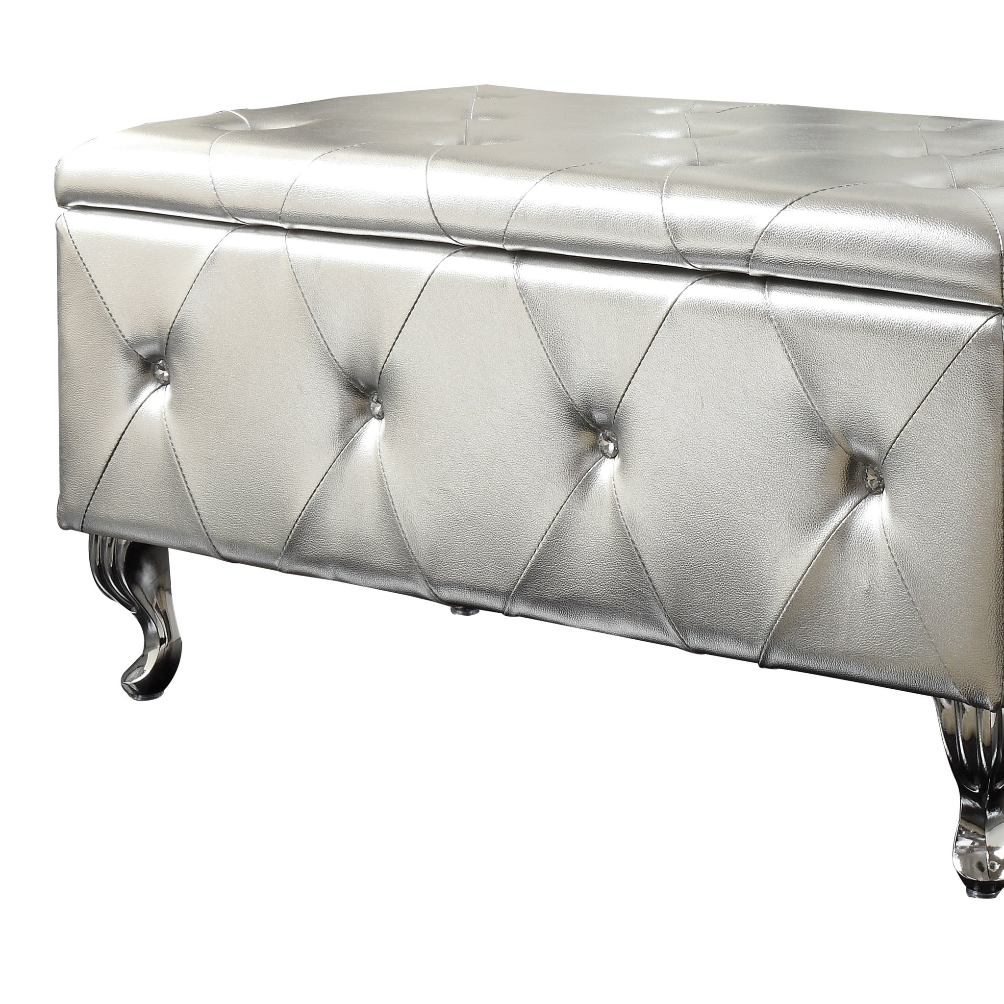 1Pc Glam 38 Inches Storage Ottoman Bench For Upholstered Tufted Silver Faux Leather Organizer Bedroom Living Room Entryway Hallway Tufted Silver Faux Leather Primary Living Space Solid Traditional Foam Faux Leather