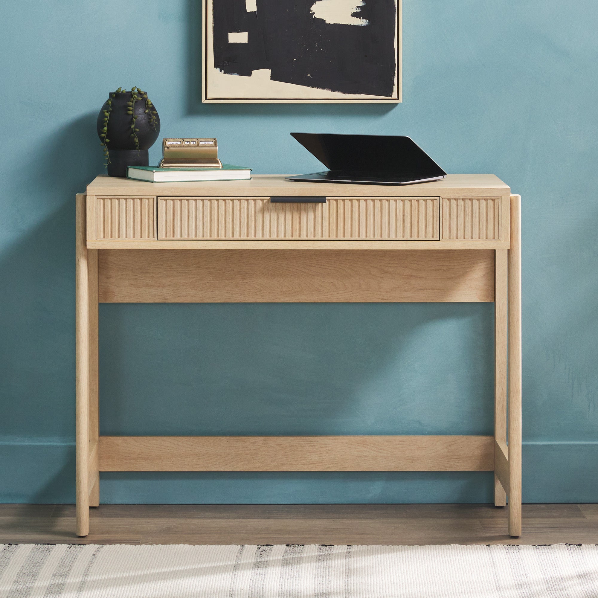 Transitional Reeded Lift Top Desk With Drawer Oak Oak Mdf Mdf