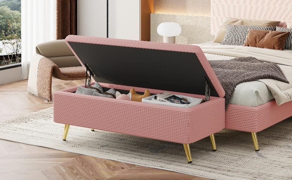 Modern Corduroy Upholstered Ottoman With Metal Legs, Storage Bench For Bedroom,Living Room,Pink Pink Polyester Solid Wood Mdf