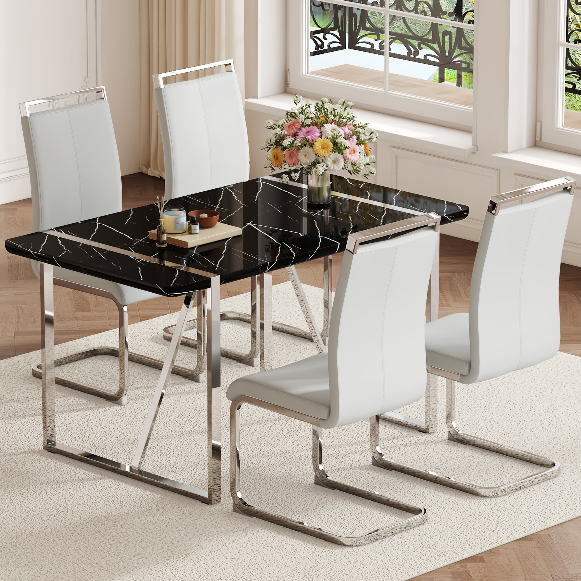 Table And Chair Set.A Rustic Industrial Rectangular Mdf Black Dining Table With Mdf Desktop And Electroplated Silver Metal Legs.Paried With 4 Chairs With Pu Cushion And Metal Legs. Black,Light Gray,Silver Seats 4 Mdf Metal