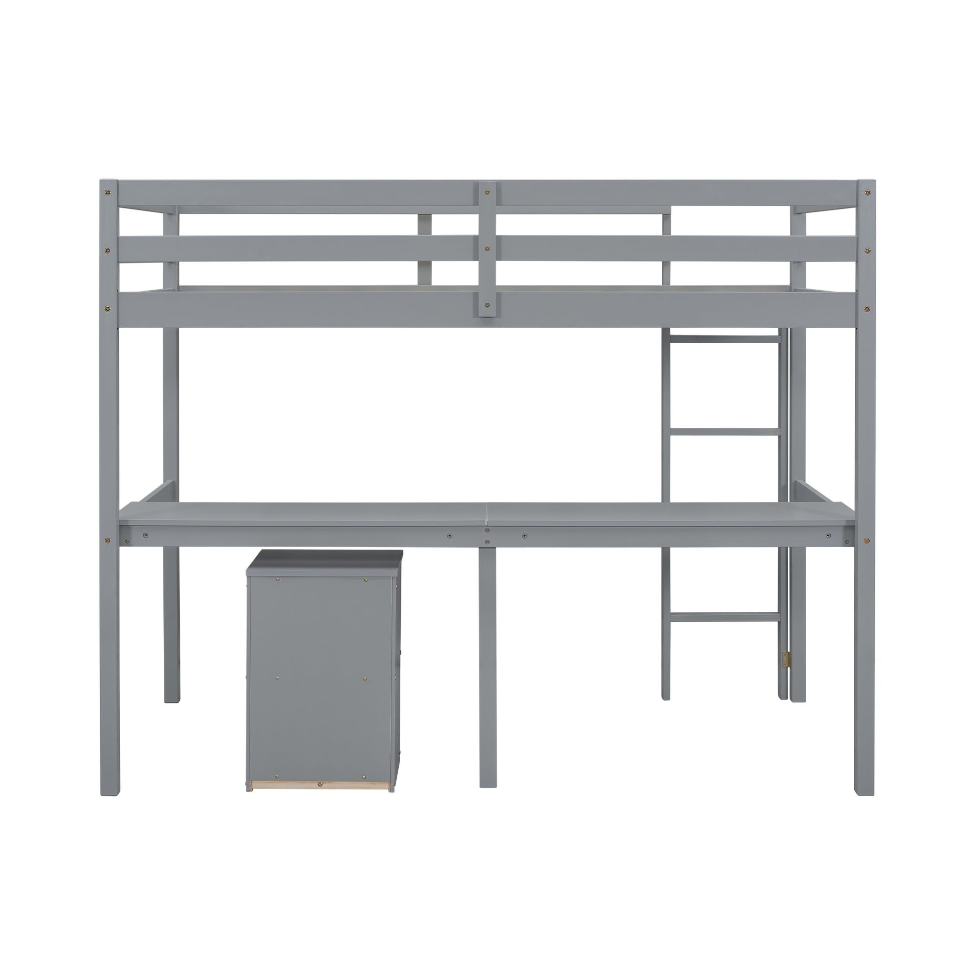 Twin Loft Wood Bed With Under Bed, Built In Desk, A Storage Cabinet Of 2 Drawers, Guardrails, Ladder,Grey Twin Grey Pine