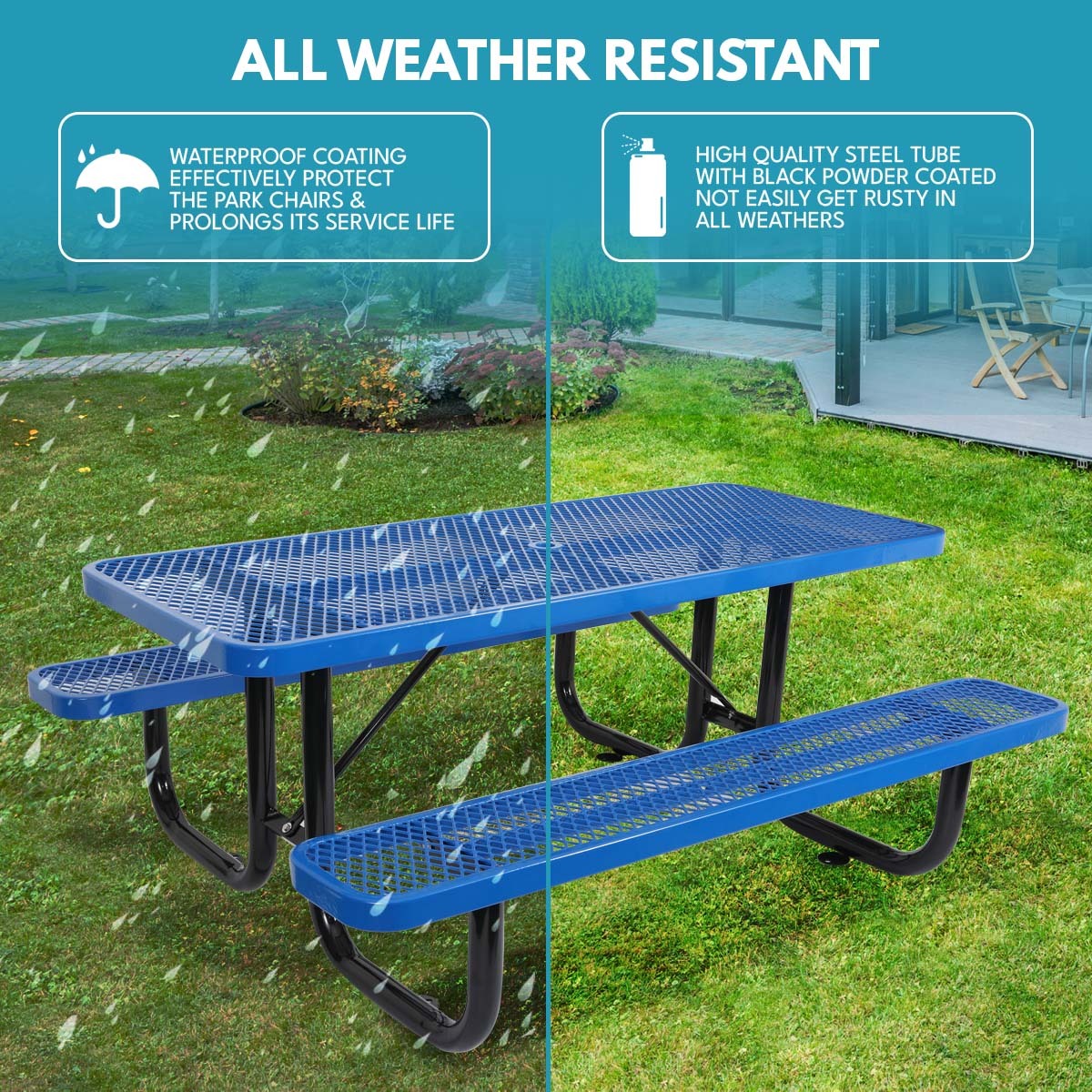 6 Ft. Rectangular Outdoor Steel Picnic Table With Umbrella Pole In Blue Blue Carbon Steel