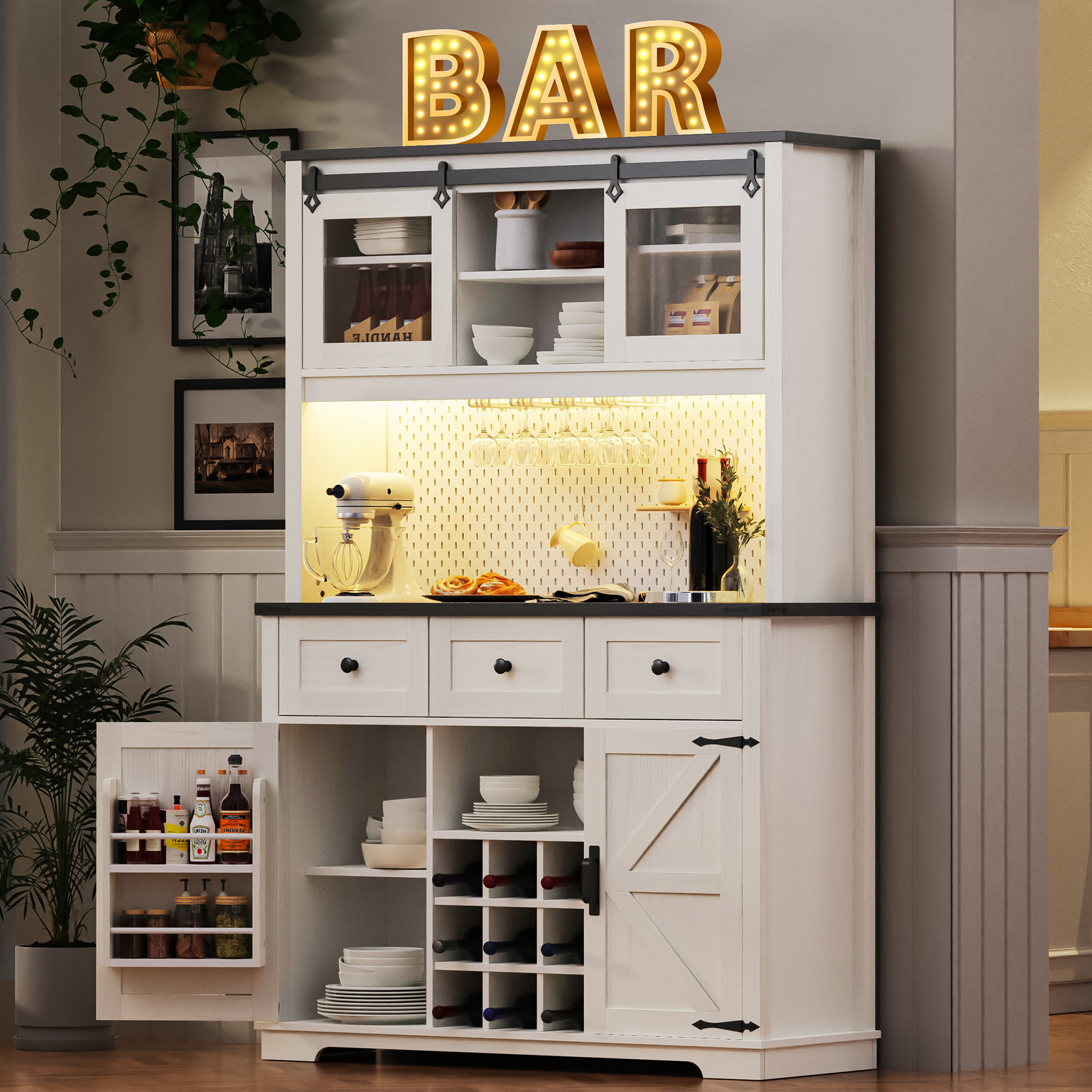 K&K 71" Farmhosue Pantry Bar Cabinet With Internal Storage Rack,Kitchen Cabinet With Hutch,Sliding Door,Power Outlet,Pegboard,Wine & Glasses Rack,3 Drawers,Rustic Coffee Bar Storage Cabinet,White Oak White Oak White Kitchen American Design,American