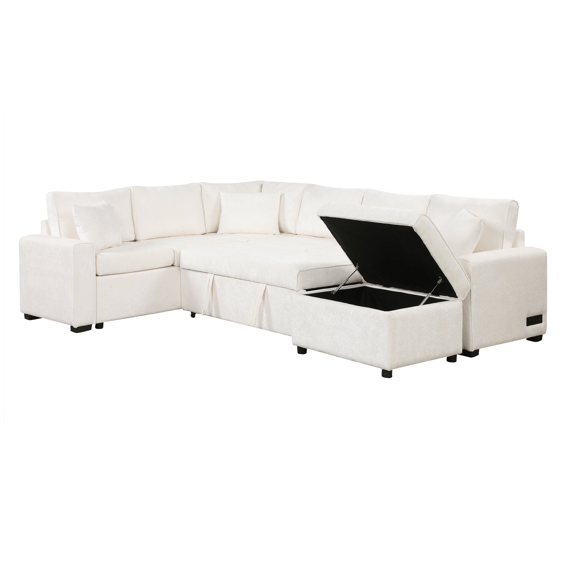 112.2" Sectional Sofa Pull Out Sofa Bed Sleeper With A Storage Ottoman,Three Pillows And Charging Devices For Living Room, Cream Cream Foam Chenille 6 Seat