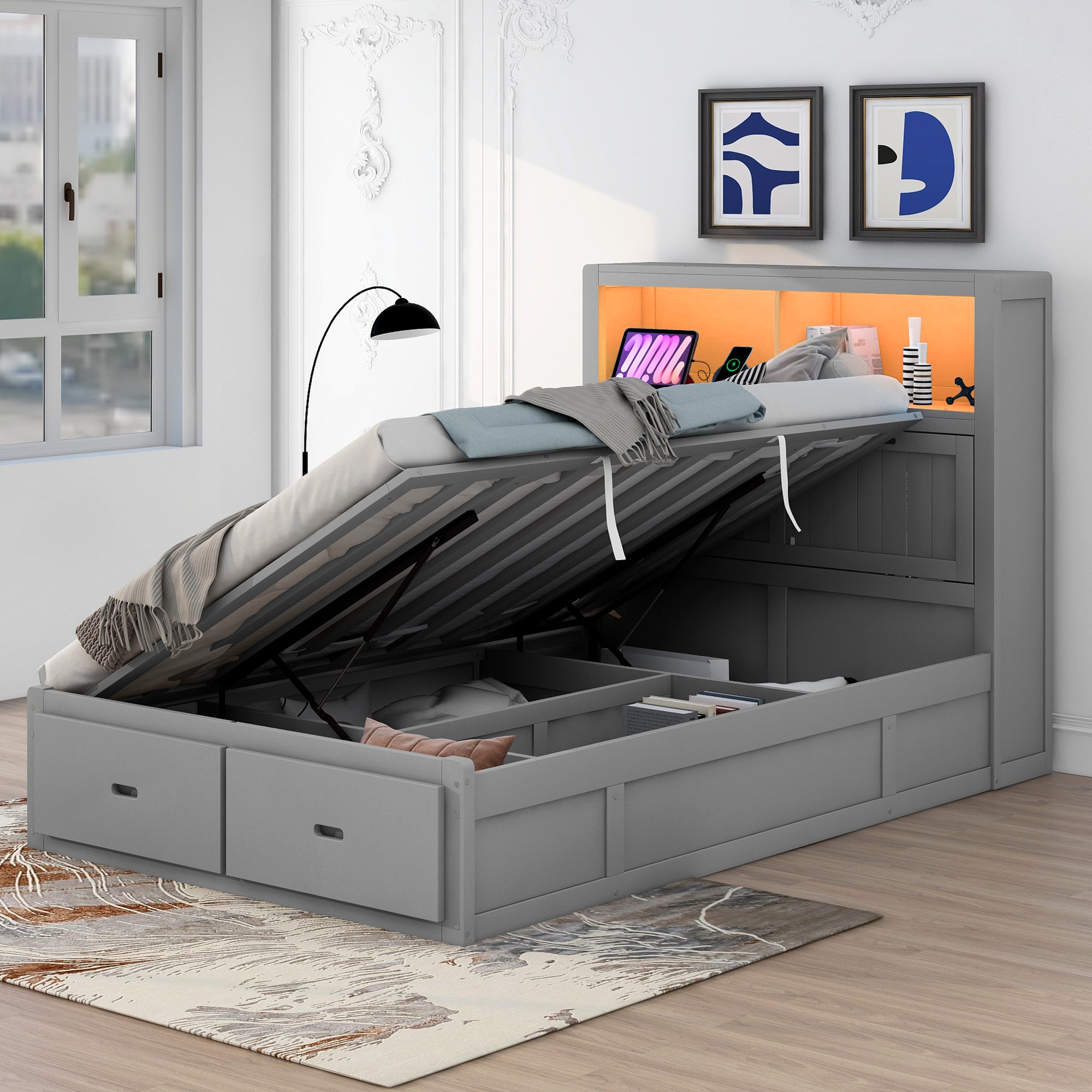 Wood Full Size Hydraulic Platform Bed With Storage Led Headboard, Charging Station And 2 Drawers, Gray Box Spring Not Required Full Gray Wood Bedroom Bed Frame Solid Wood Mdf