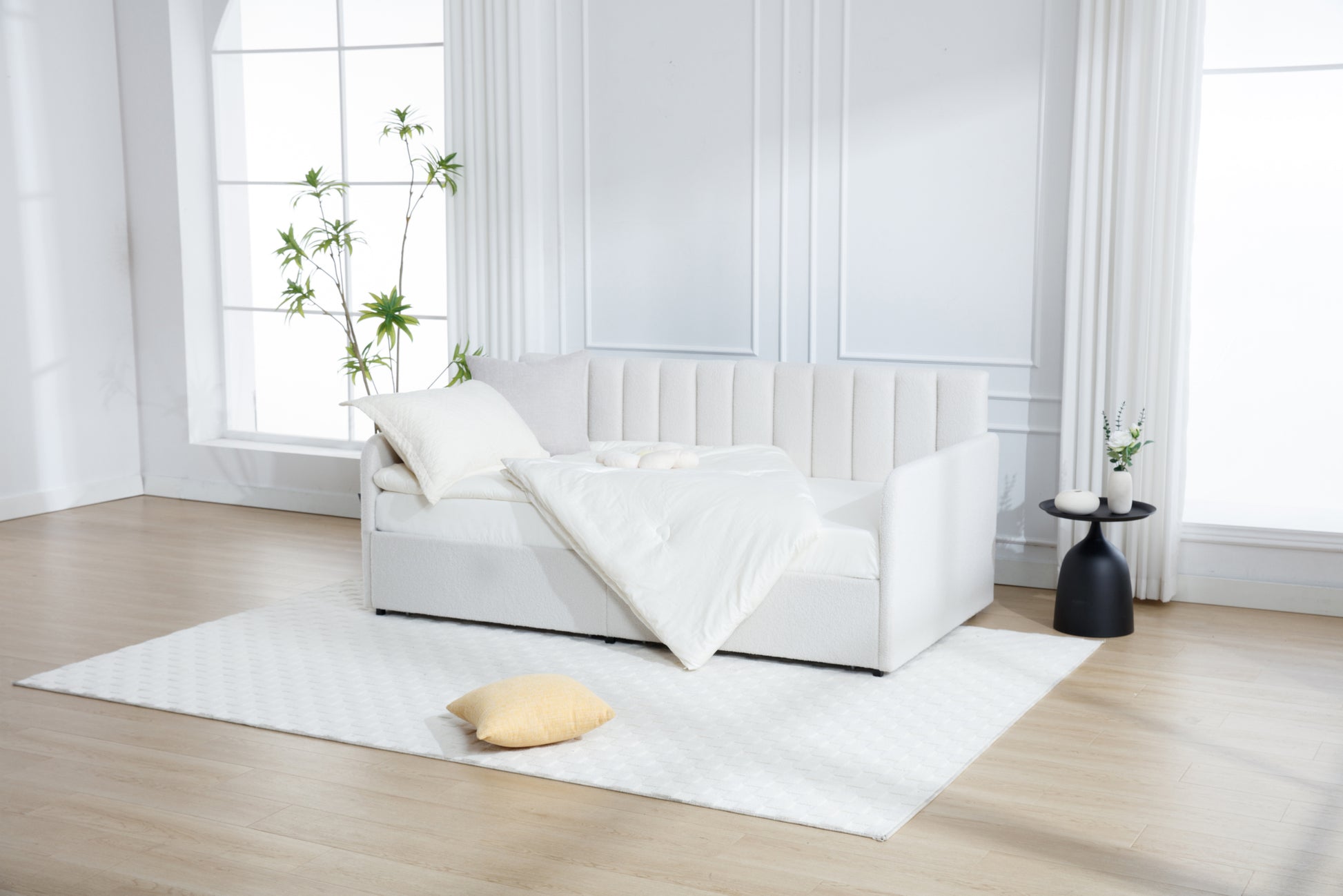 Flora Upholstered Daybed With 2 Drawers, Twin, Ivory Boucle, Ribbed Tufted Backrest, Daybed In Lavish Modern Design Box Spring Not Required Twin Ivory Metal Bedroom Classic,Contemporary,Minimalist,Traditional,Transitional Upholstered Upholstered