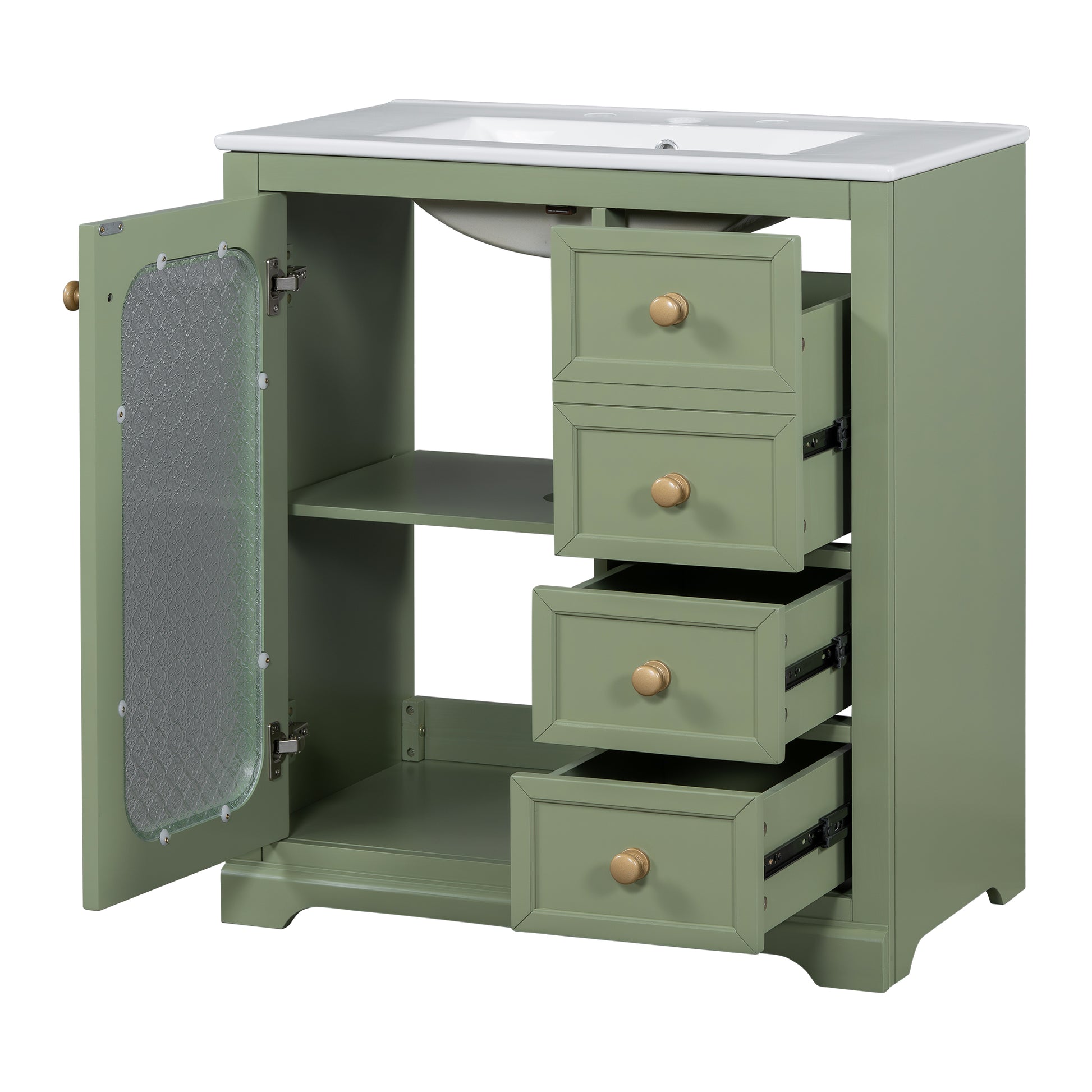 30 Inch Bathroom Vanity With A Soft Close Glass Door, Adjustable Shelves, And Three Drawers Green Bathroom Solid Wood Mdf Glass