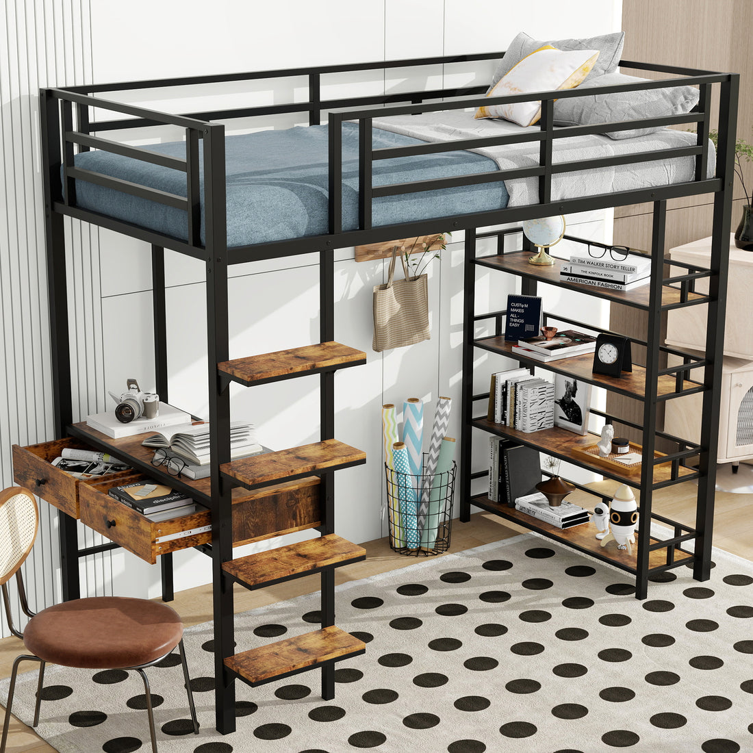 Twin Size Metal Loft Bed With Desk And Shelves, Black Box Spring Not Required Twin Black Metal Solid Wood Mdf