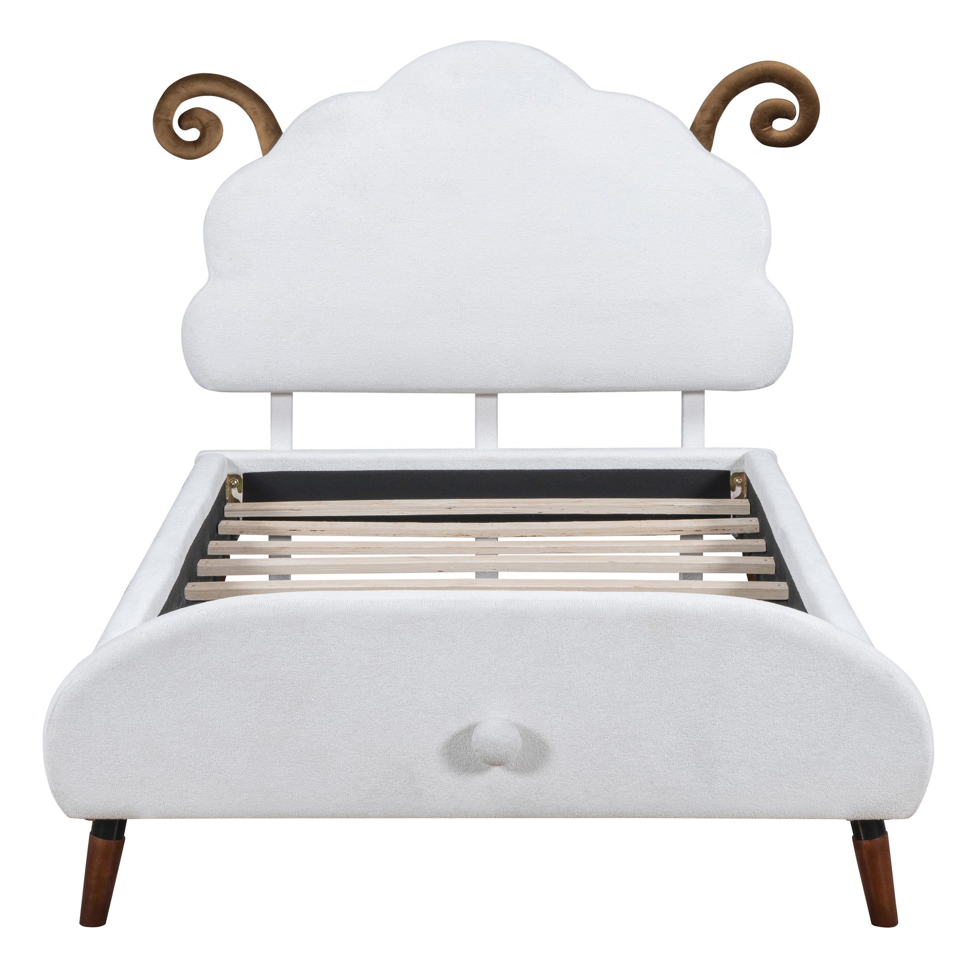 Twin Size Upholstered Platform Bed With Sheep Shaped Headboard, White Twin White Plywood