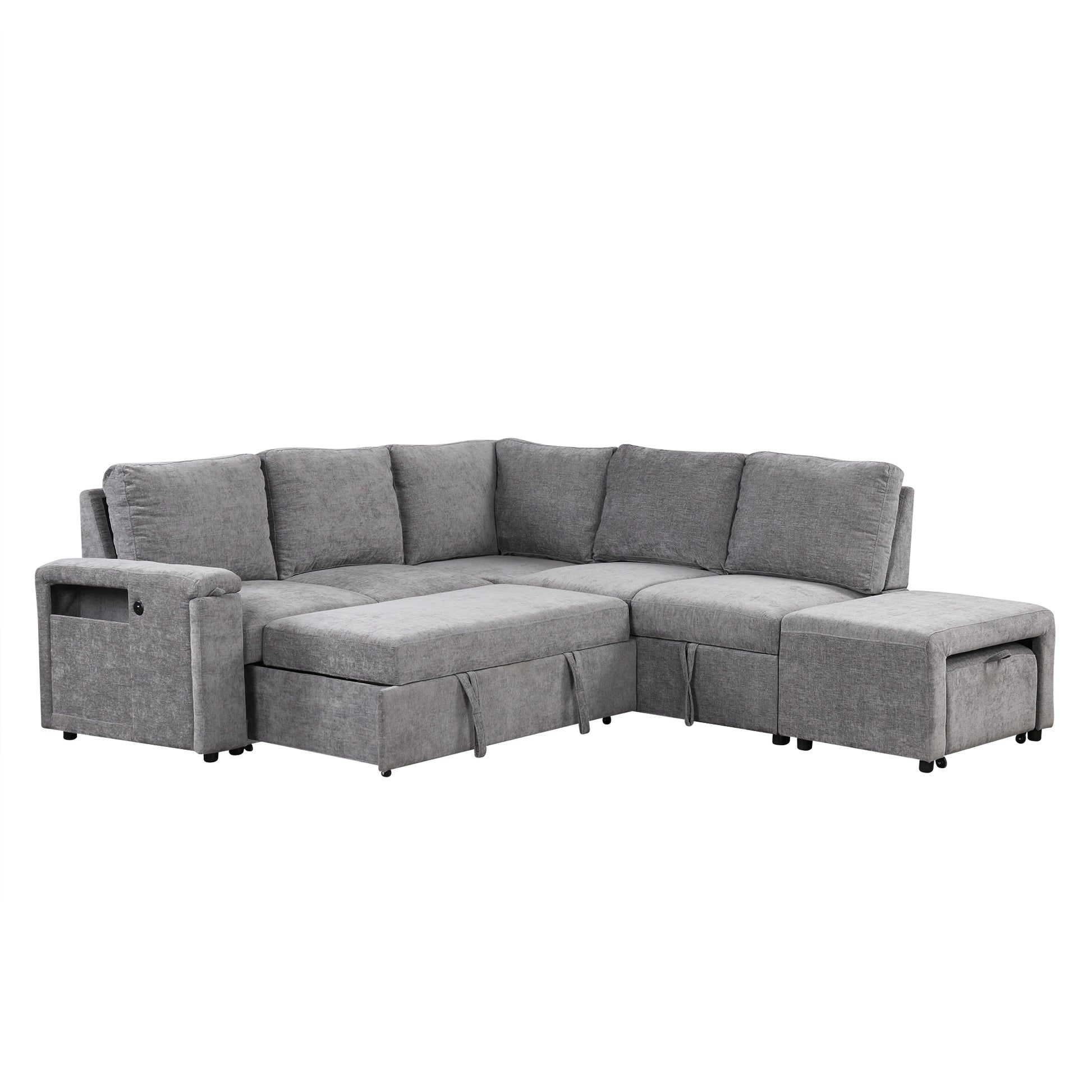 L Shaped Padded Modular Sofa With Storage Space, Usb Ports, And Cup Holders On The Armrests, Suitable For Living Rooms, Offices, And Apartments. Gray Wood Polyester 5 Seat