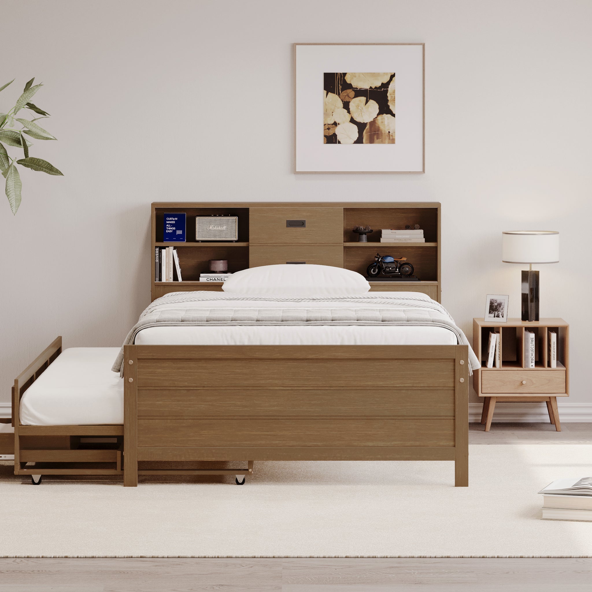 Full Size Captain Bed With Storage Bookcase Headboard,Captain Bed With Trundle And Three Storage Drawers For Kids Teens Dorm Bedroom Multipurpose Guest Room Or Home, Walnut Box Spring Not Required Full Walnut Wood Solid Wood Mdf